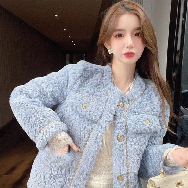 핑크색 플리스 재킷 다용도 한 부서 느긋한 절묘한 단추 겨울 새로운 작은 키 털 벨벳 보온 짧은 맨위 상세 이미지 8