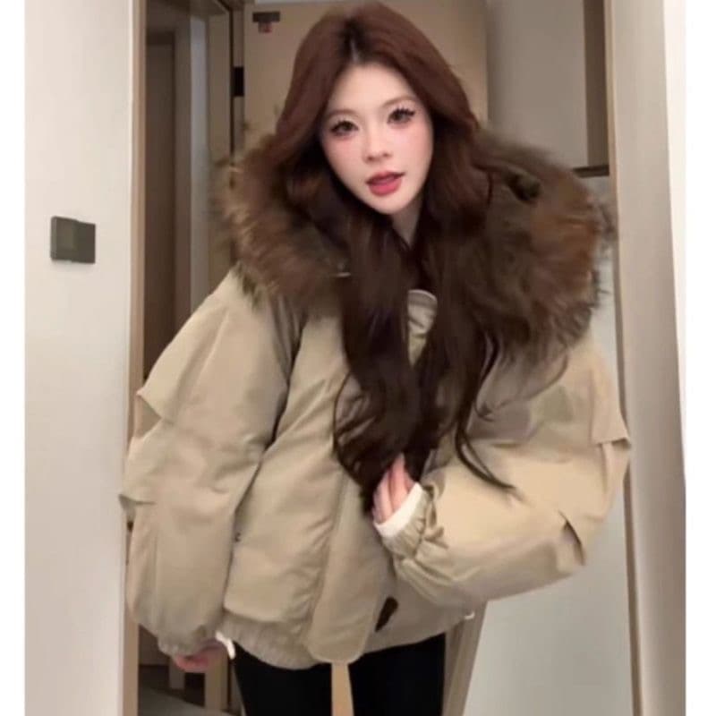유럽 상품 큰 모피 칼라 워크웨어 Parker 서비스 여성 코트 루즈핏 빅 사이즈 두꺼운 보온 폴로 칼라 후드 둘 착용 목화 진딧물 트렌디 이미지 3