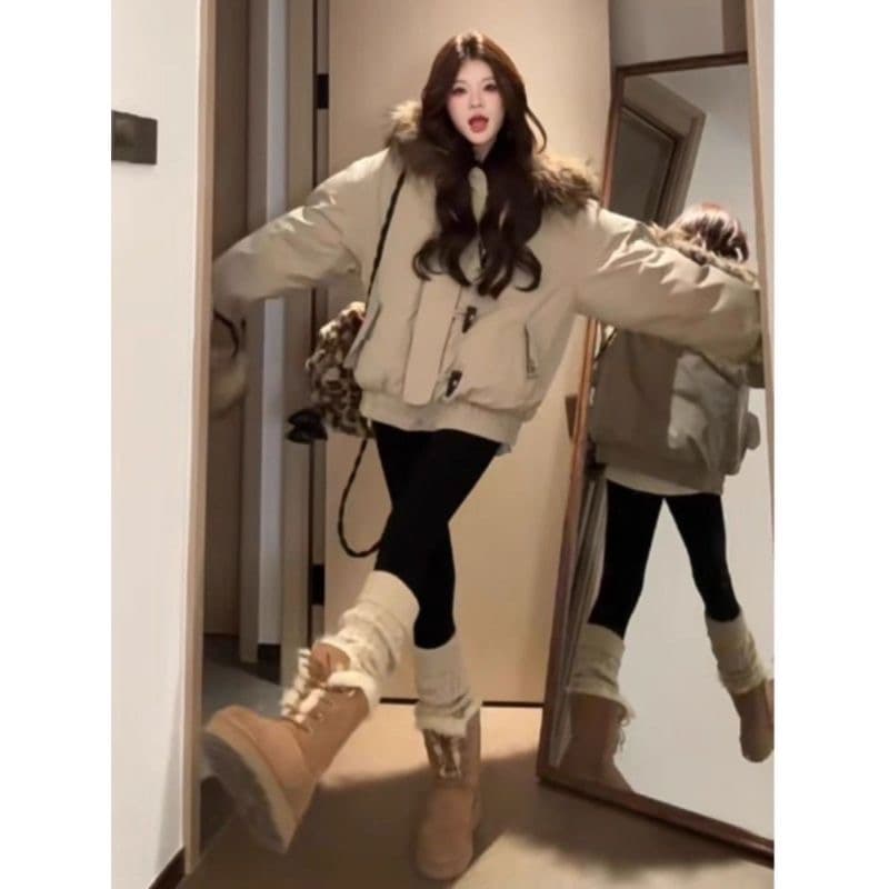 유럽 상품 큰 모피 칼라 워크웨어 Parker 서비스 여성 코트 루즈핏 빅 사이즈 두꺼운 보온 폴로 칼라 후드 둘 착용 목화 진딧물 트렌디 상세 이미지 4