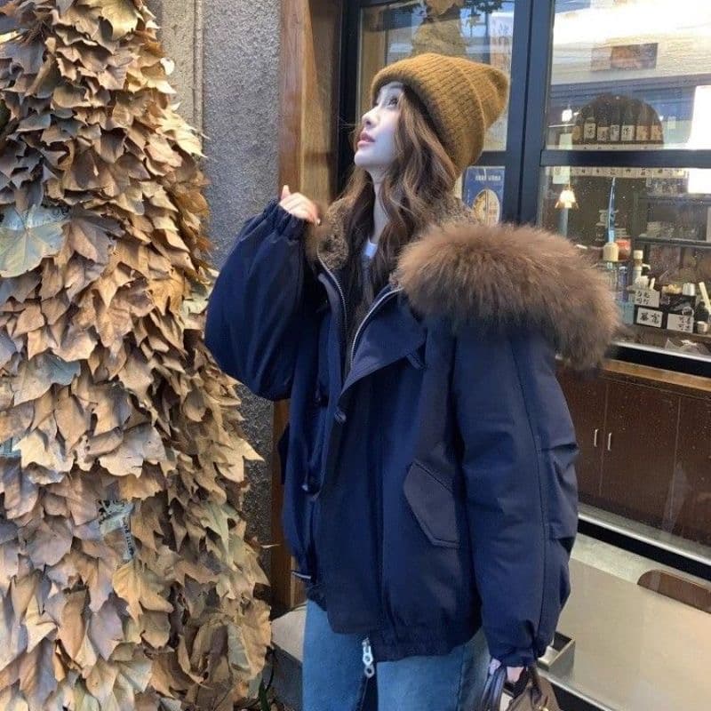 유럽 상품 큰 모피 칼라 워크웨어 Parker 서비스 여성 코트 루즈핏 빅 사이즈 두꺼운 보온 폴로 칼라 후드 둘 착용 목화 진딧물 트렌디 상세 이미지 7
