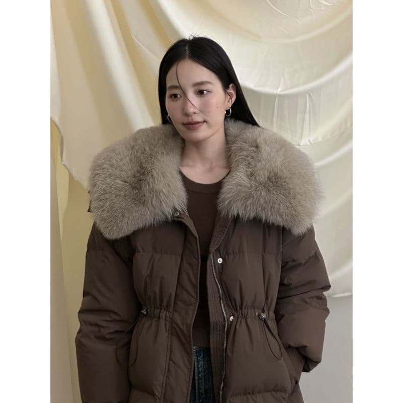 중간 길이 큰 모피 칼라 품격 루즈핏 빅 사이즈 허리 수축 슬림해 보이는 작은 키 면 의류 여성 코트 패딩 재킷 목화 진딧물 트렌디 상세 이미지 2