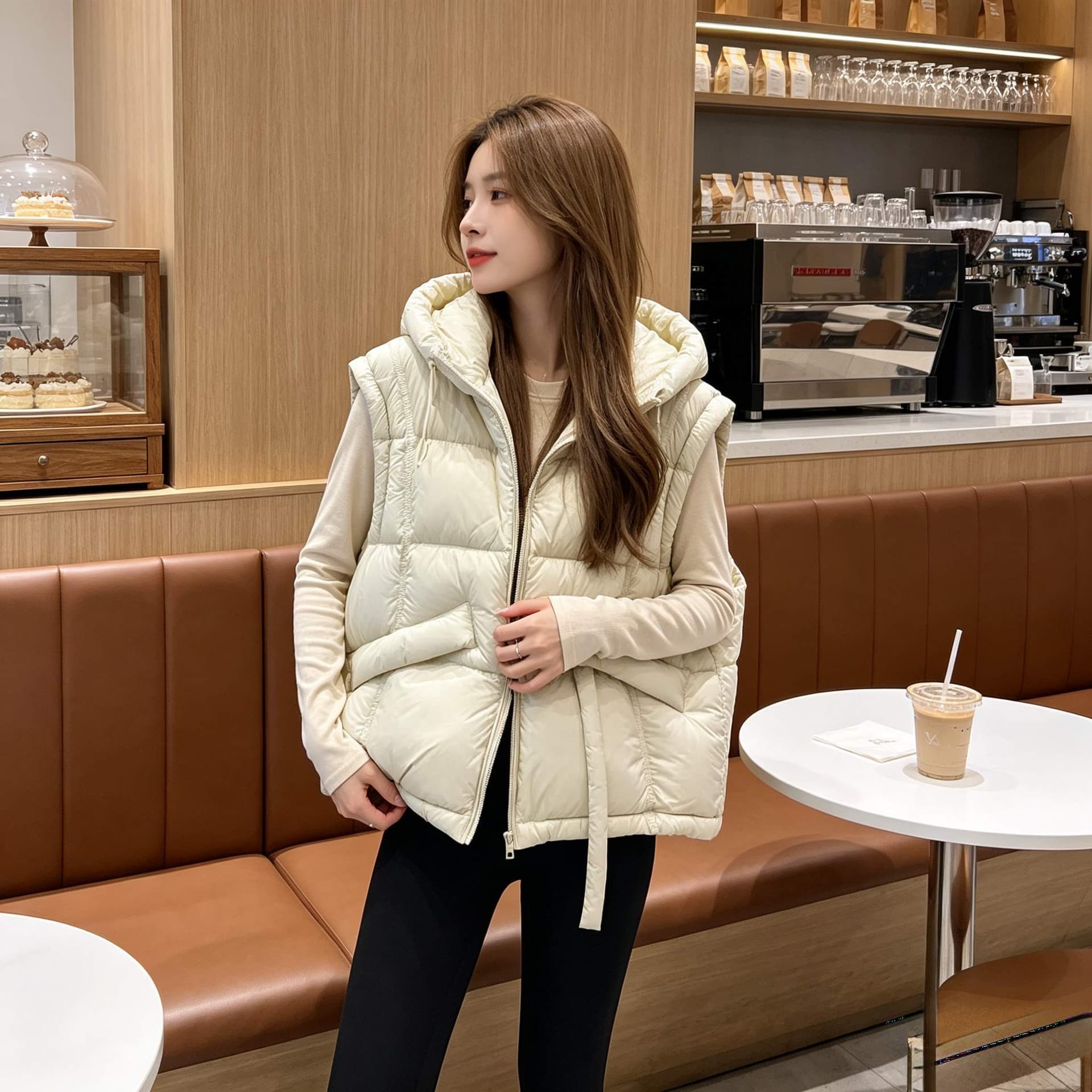 작은 키 후드 지퍼 면 의류 조끼 여성 일상 패션 거리 밖 캐주얼 디스플레이 높음 슬림해 보이는 쇼트 스타일 외출용 맨위 이미지 4