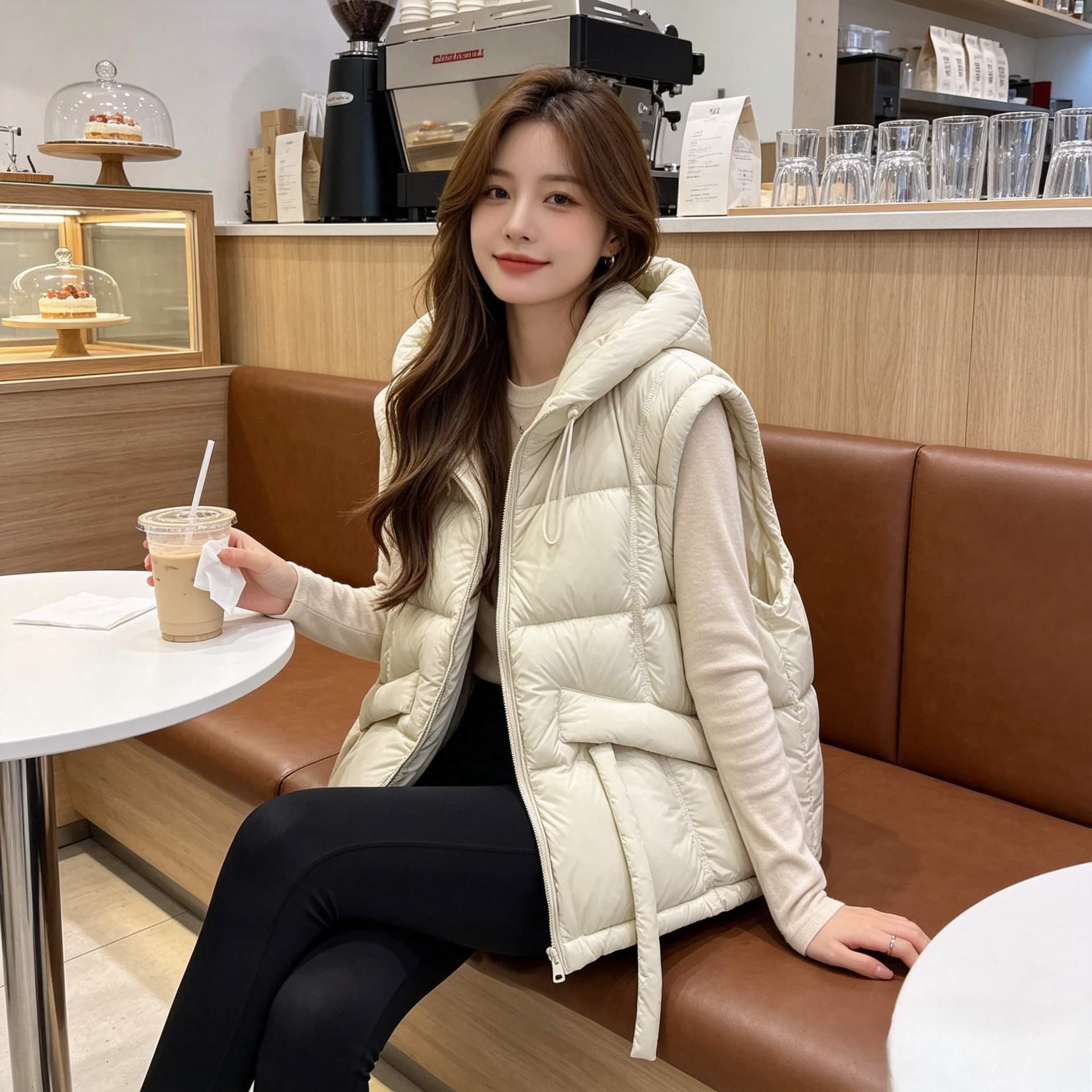 작은 키 후드 지퍼 면 의류 조끼 여성 일상 패션 거리 밖 캐주얼 디스플레이 높음 슬림해 보이는 쇼트 스타일 외출용 맨위 상세 이미지 1