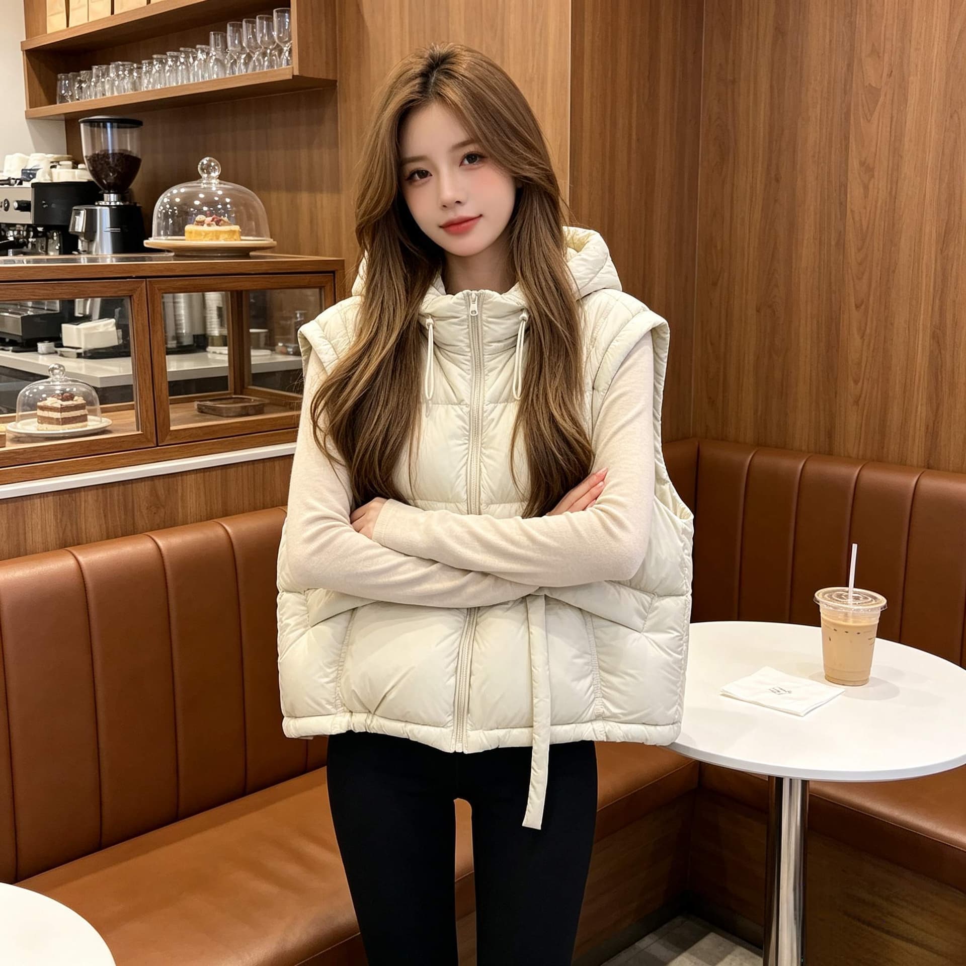 작은 키 후드 지퍼 면 의류 조끼 여성 일상 패션 거리 밖 캐주얼 디스플레이 높음 슬림해 보이는 쇼트 스타일 외출용 맨위 상세 이미지 2