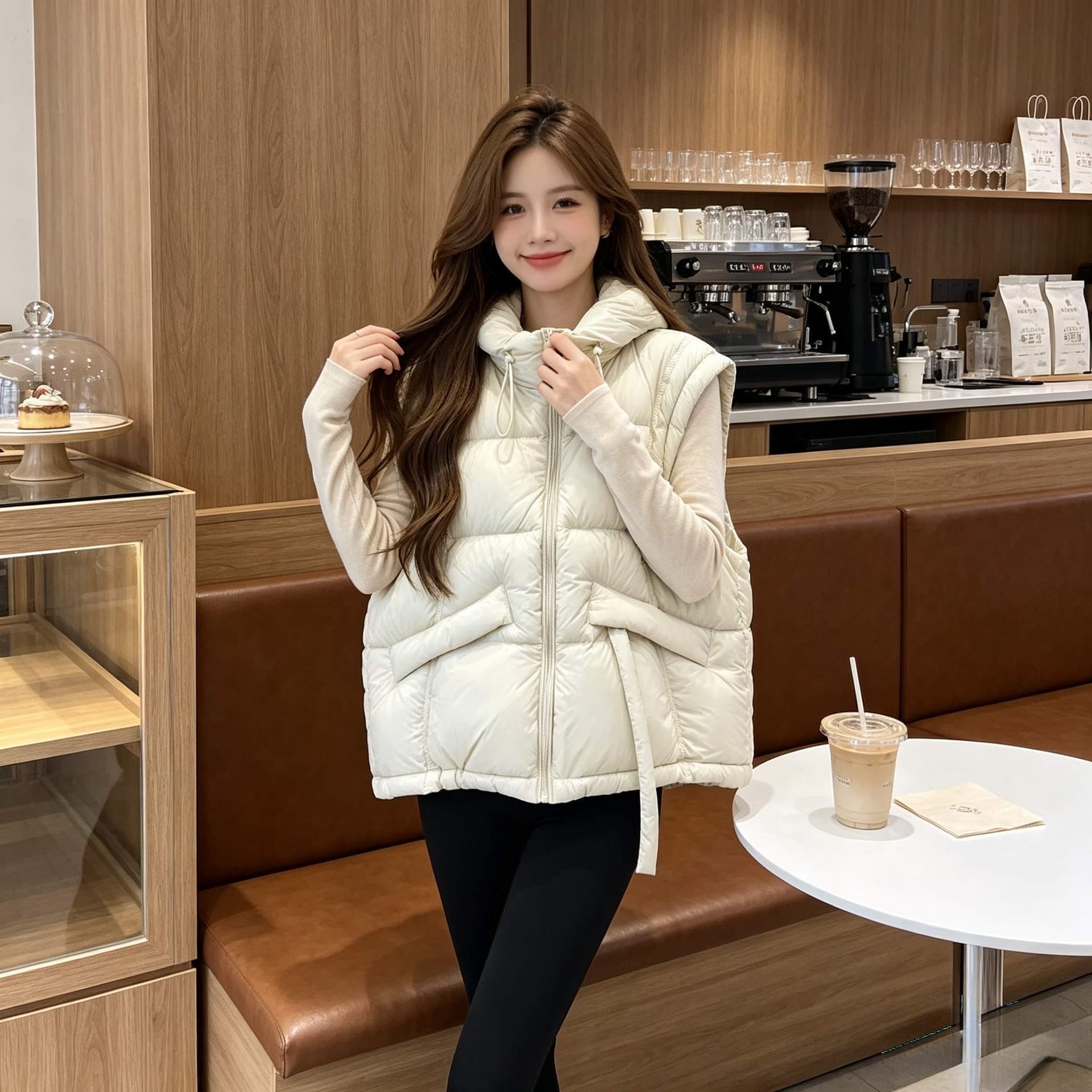 작은 키 후드 지퍼 면 의류 조끼 여성 일상 패션 거리 밖 캐주얼 디스플레이 높음 슬림해 보이는 쇼트 스타일 외출용 맨위 상세 이미지 3