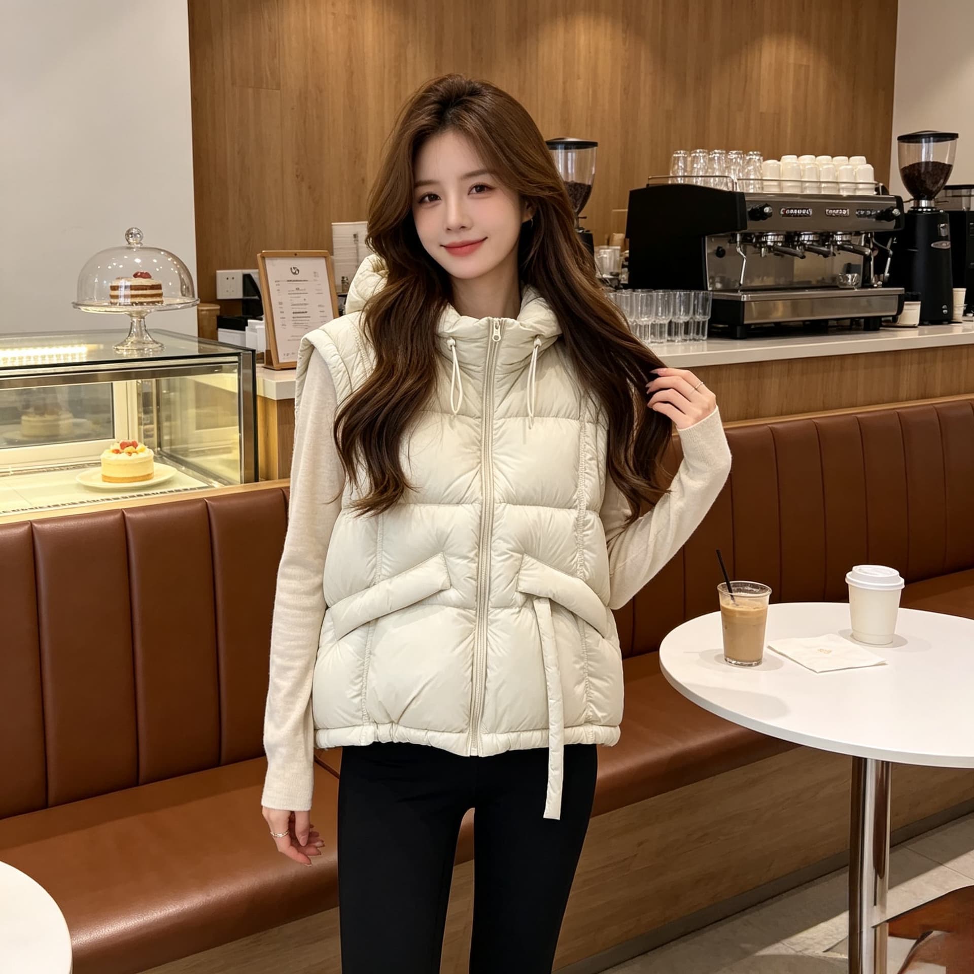 작은 키 후드 지퍼 면 의류 조끼 여성 일상 패션 거리 밖 캐주얼 디스플레이 높음 슬림해 보이는 쇼트 스타일 외출용 맨위 상세 이미지 4