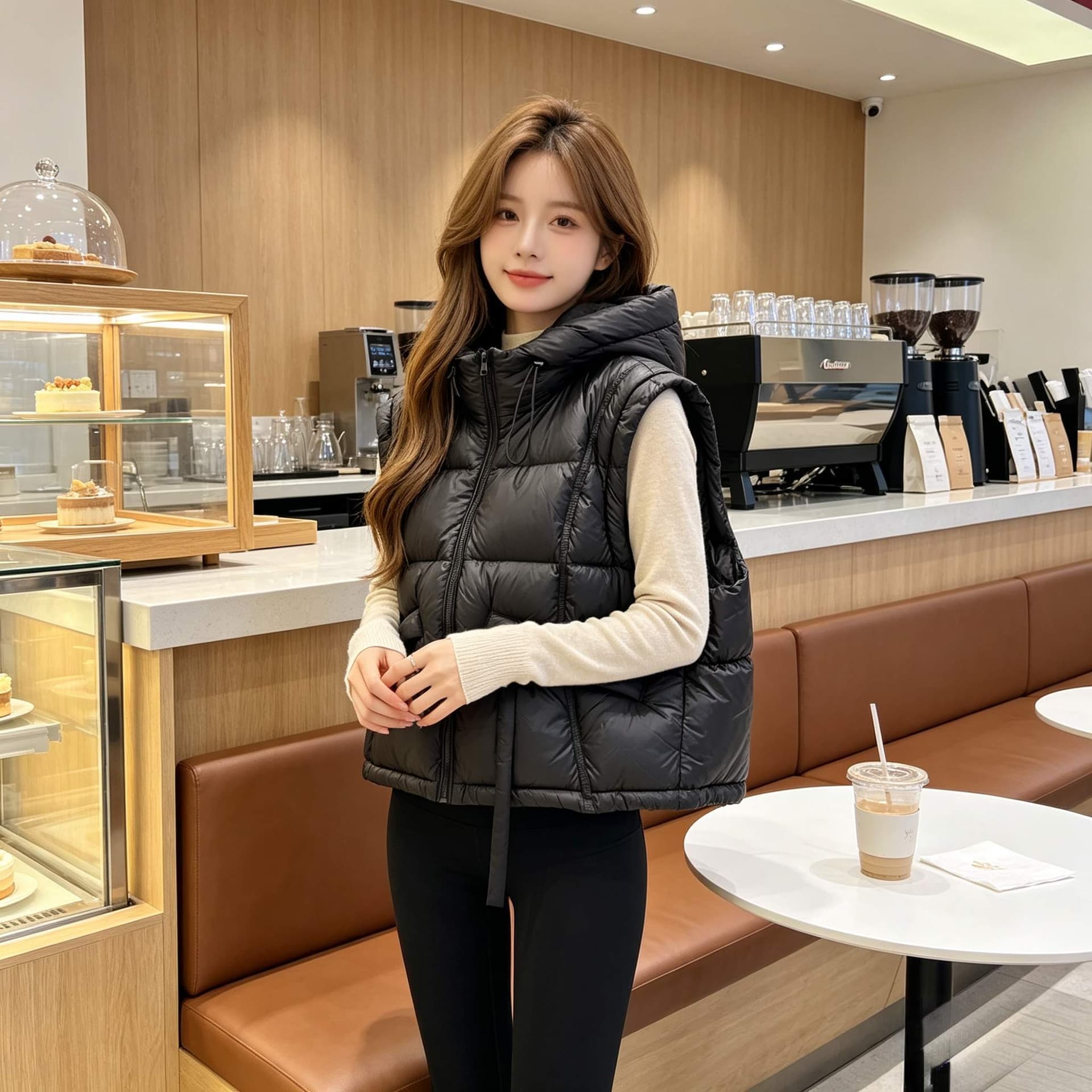 작은 키 후드 지퍼 면 의류 조끼 여성 일상 패션 거리 밖 캐주얼 디스플레이 높음 슬림해 보이는 쇼트 스타일 외출용 맨위 상세 이미지 7