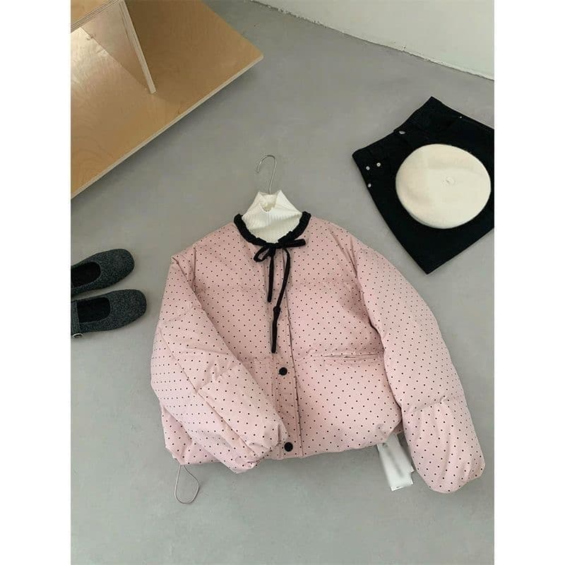 한 부서 도트 무늬 면 의류 레이스업 나비 매듭 패딩 재킷 겨울 새로운 패션 외국 가스 연령 감소 보온 여성 코트 상세 이미지 6