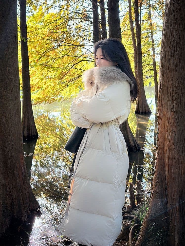 유럽 상품 큰 모피 칼라 외국 가스 중간 길이 무릎 아래 허리 수축 슬림해 보이는 작은 키 루즈핏 면 의류 여성 코트 패딩 재킷 트렌디 이미지 2