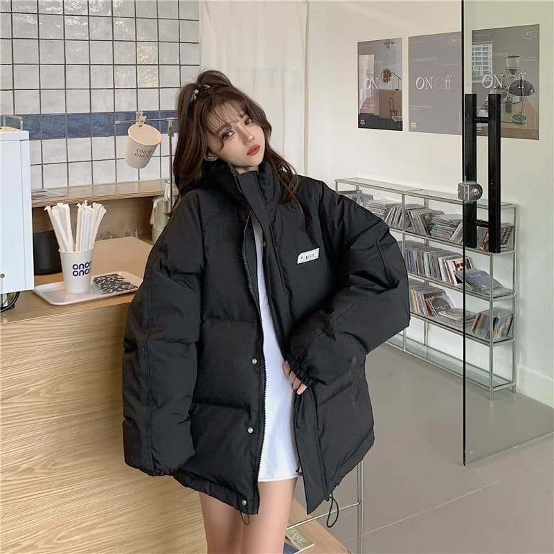 미니멀리즘 스탠드 칼라 루즈핏 빅 사이즈 다운 코튼 여성 두꺼운 작은 대중 재킷 스탠드 칼라 지퍼 다용도 패딩 재킷 맨위 이미지 2