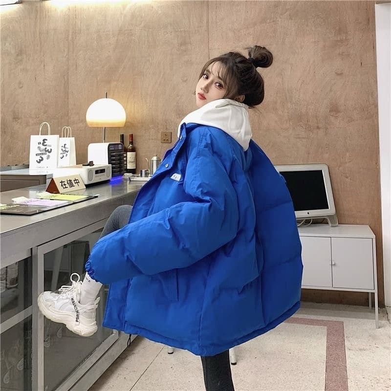 미니멀리즘 스탠드 칼라 루즈핏 빅 사이즈 다운 코튼 여성 두꺼운 작은 대중 재킷 스탠드 칼라 지퍼 다용도 패딩 재킷 맨위 상세 이미지 5