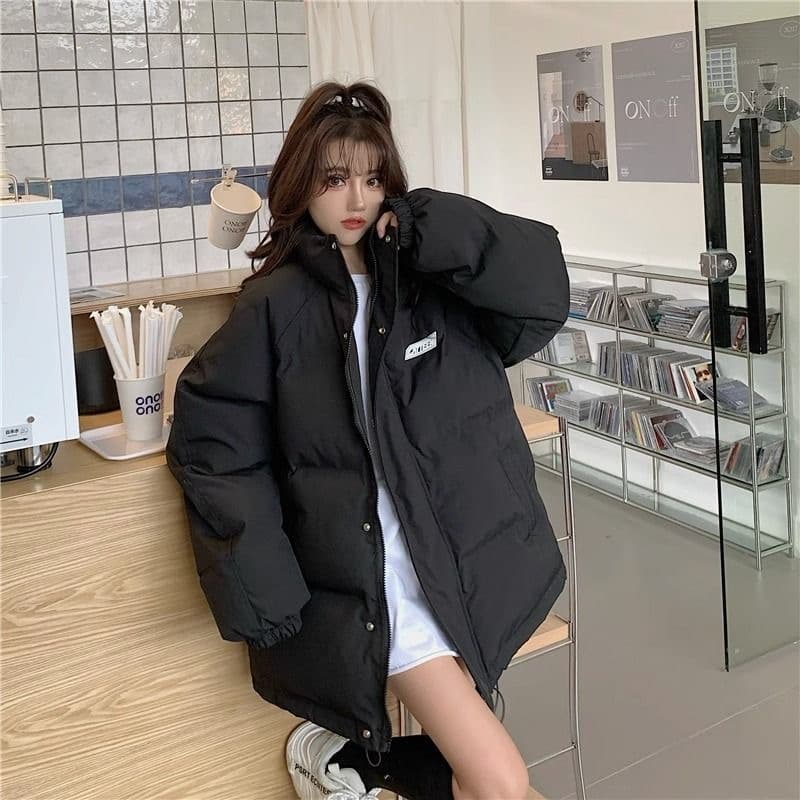 미니멀리즘 스탠드 칼라 루즈핏 빅 사이즈 다운 코튼 여성 두꺼운 작은 대중 재킷 스탠드 칼라 지퍼 다용도 패딩 재킷 맨위 상세 이미지 7