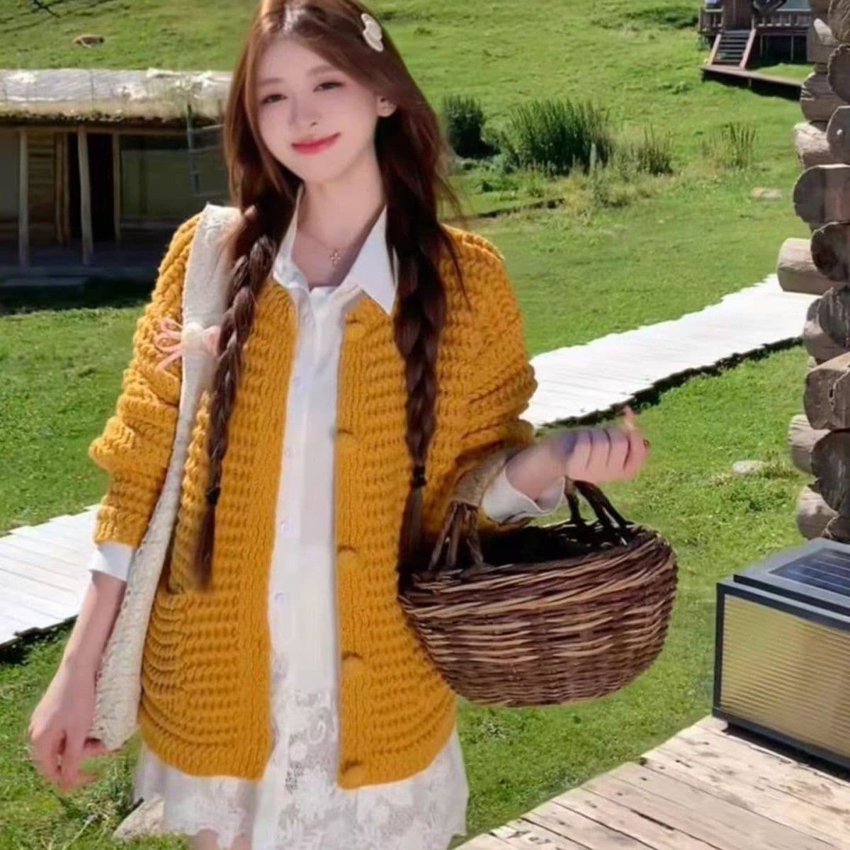 센 부서 레트로 황색 스웨터 한 부서 오픈 가디건 2026 가을 새로운 루즈핏 느긋한 니트 재킷 맨위 상세 이미지 1