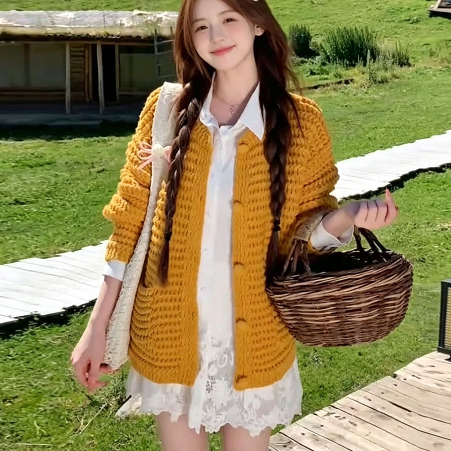 센 부서 레트로 황색 스웨터 한 부서 오픈 가디건 2026 가을 새로운 루즈핏 느긋한 니트 재킷 맨위 상세 이미지 9