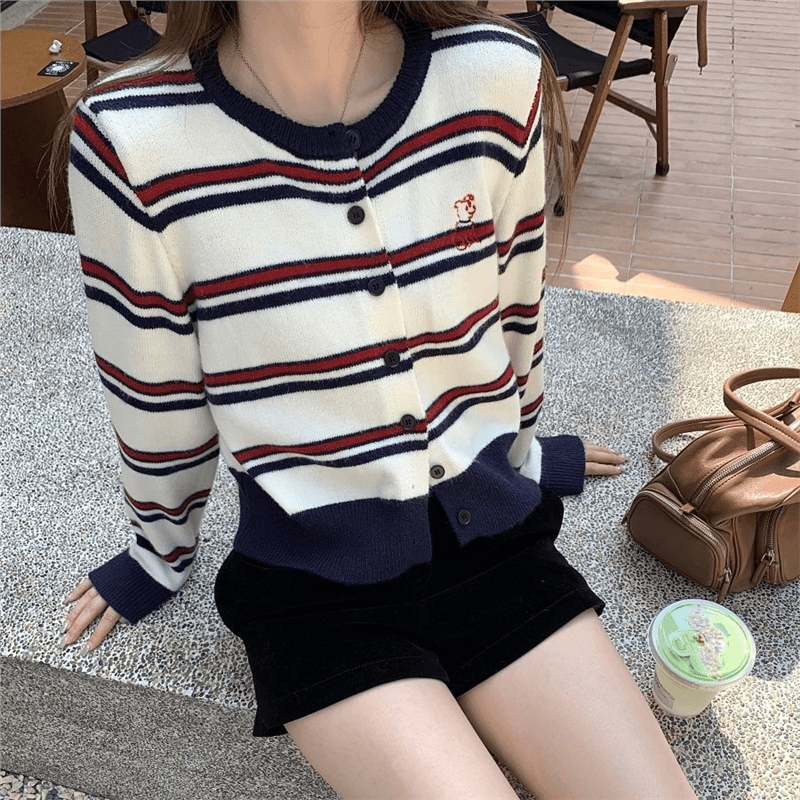 귀여운 수리 개 봄 기본 셔츠 긴팔 스트라이프 니트 스웨터 라운드 넥 miu 부서 오픈 가디건 여성 짧은 긴팔 맨위 이미지 4