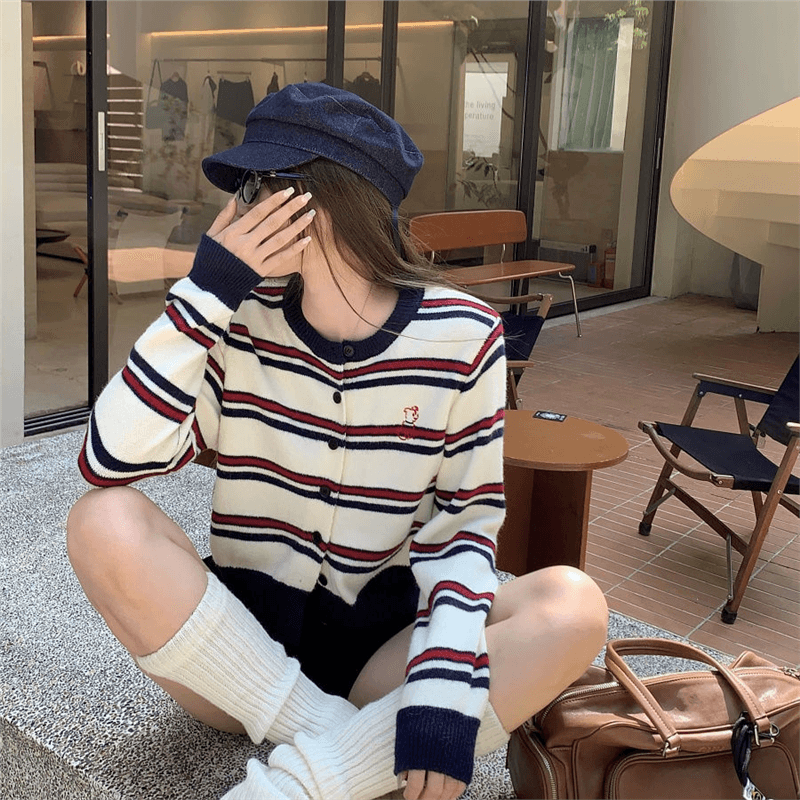 귀여운 수리 개 봄 기본 셔츠 긴팔 스트라이프 니트 스웨터 라운드 넥 miu 부서 오픈 가디건 여성 짧은 긴팔 맨위 상세 이미지 8