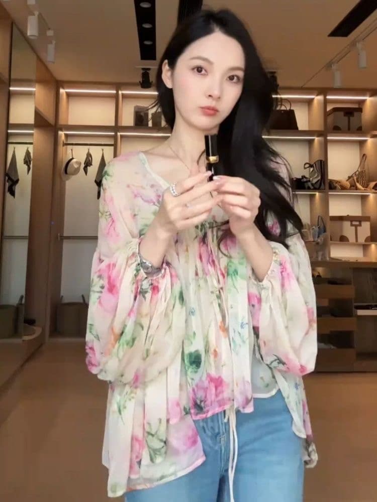 고급 센스 프랑스식 작은 대중 V넥 꽃무늬 시폰 셔츠 여성 여름 새로운 디자인 센스 외국 가스 연령 감소 다용도 맨위 상세 이미지 3