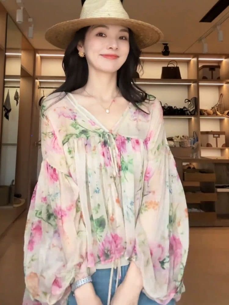 고급 센스 프랑스식 작은 대중 V넥 꽃무늬 시폰 셔츠 여성 여름 새로운 디자인 센스 외국 가스 연령 감소 다용도 맨위 상세 이미지 6
