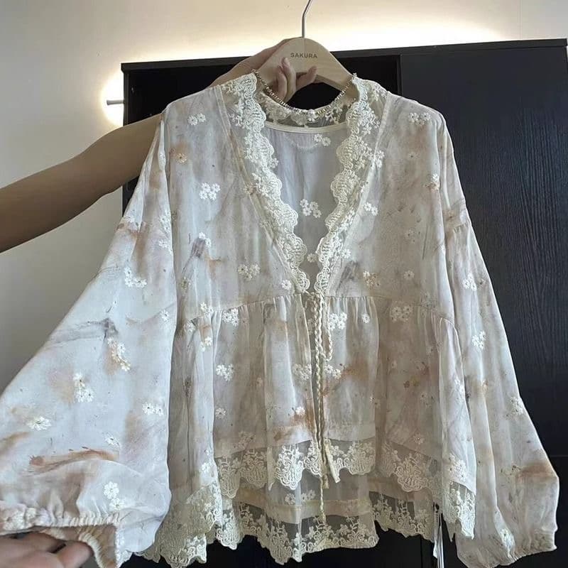 프랑스식 V넥 꽃무늬 자수 레이스 조각 자외선 차단 여성 셔츠 여름 얇은 스타일 작은 대중 디자인 센스 스트랩 맨위 상세 이미지 2