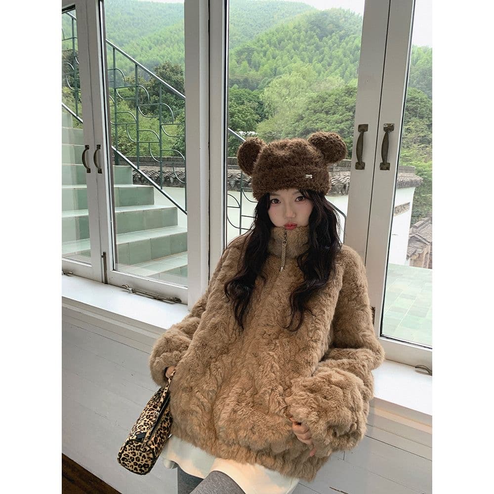 빛 럭셔리 센스 환경 보호 털 모조 모피 보온 플리스 여성 코트 루즈핏 보온 지퍼 재킷 상세 이미지 8