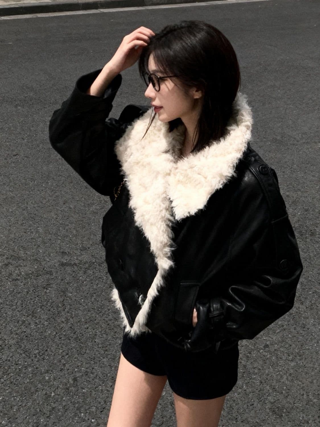 검정색 오토바이 서비스 가죽 재킷 재킷 빅 칼라 양털 레트로 당당 패치워크 작은 대중 고급 센스 가을 겨울 착용 가져 가라. 이미지 3