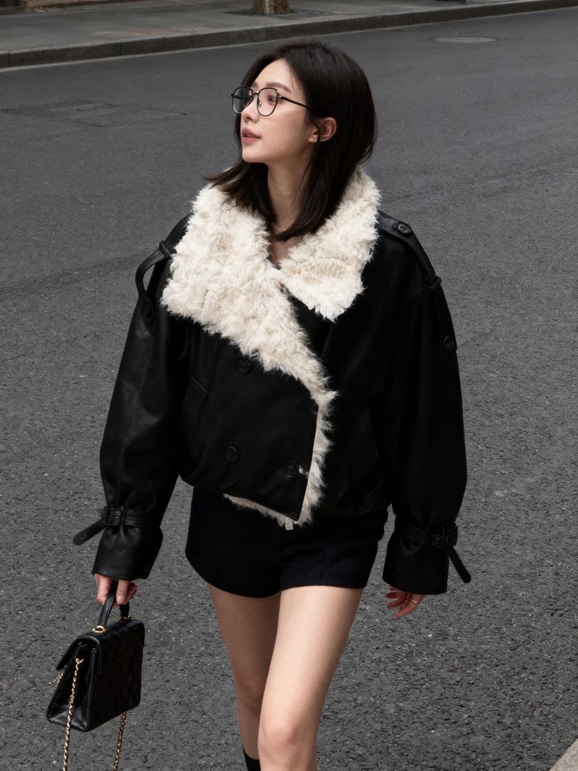 검정색 오토바이 서비스 가죽 재킷 재킷 빅 칼라 양털 레트로 당당 패치워크 작은 대중 고급 센스 가을 겨울 착용 가져 가라. 상세 이미지 2