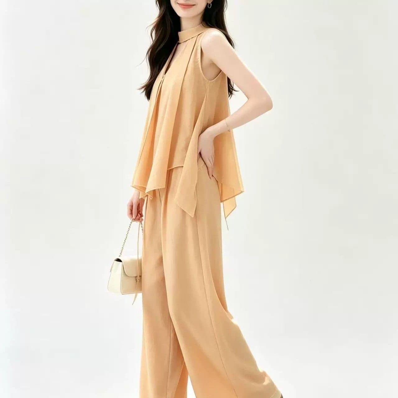 한 부서 자이언트 잘 생긴 ootd 착용 가져 가라. 전체 집합 2026 새로운 주황색 조끼 맨위 여성 여름 와이드 레그 팬츠 세트 상세 이미지 2
