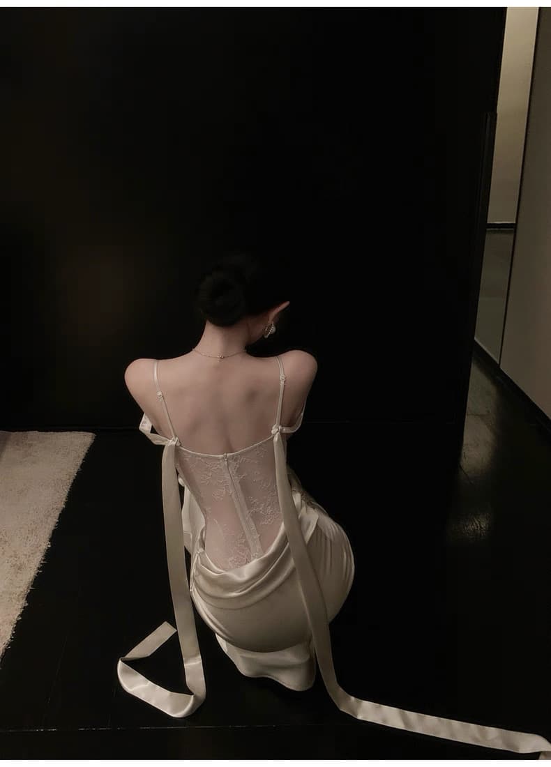 jayky yang 달 그림자 유리 흔들다 칼라 레이스 조각 슬립 드레스 펌프 Pleat 디자인 슬림해 보이는 새틴 롱 스커트 상세 이미지 6