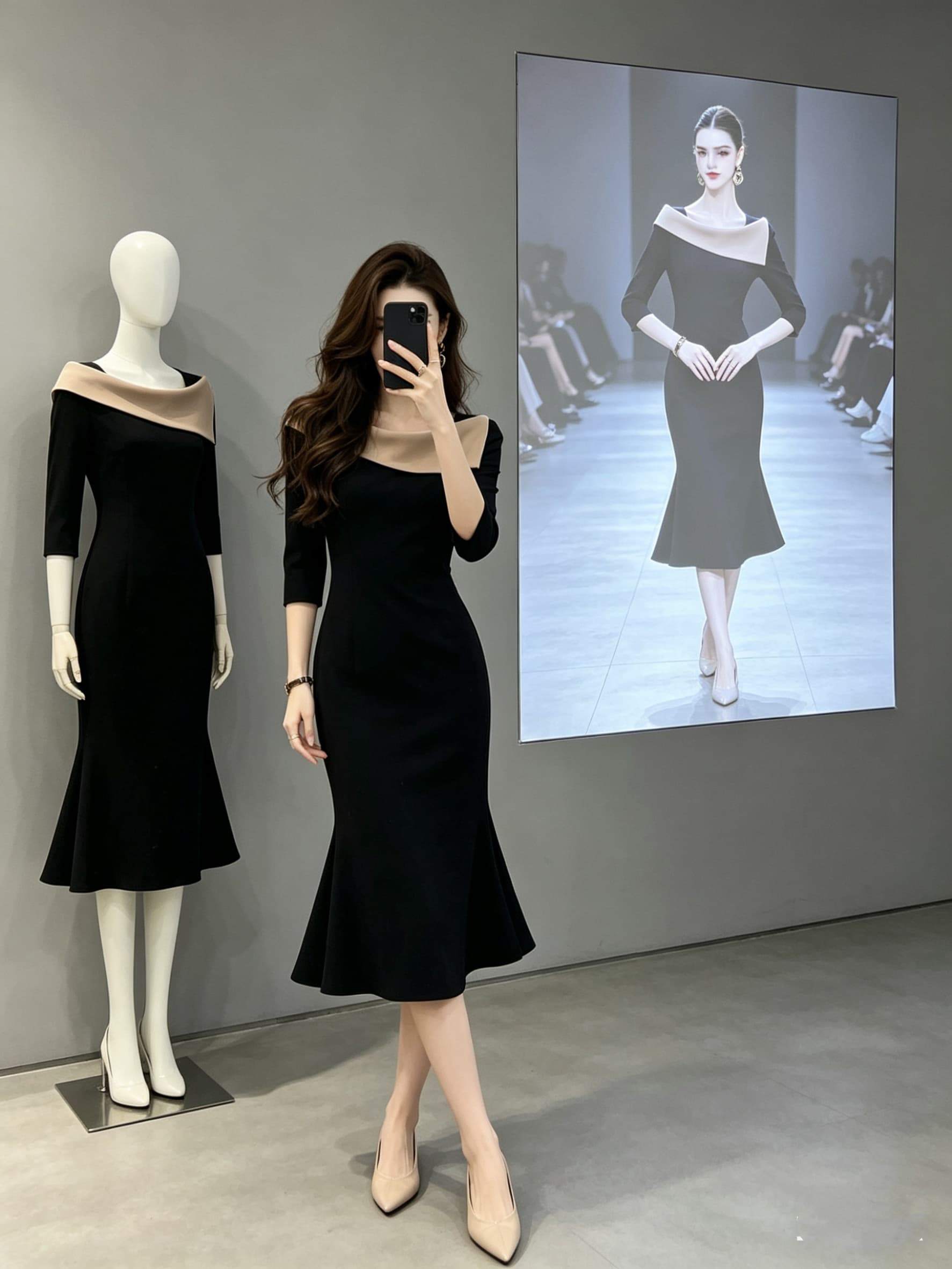 프랑스식 검정색 광장 칼라 배색 여성 드레스 2026 여름 새로운 허리 수축 슬림해 보이는 롱 코트 치마 상세 이미지 5