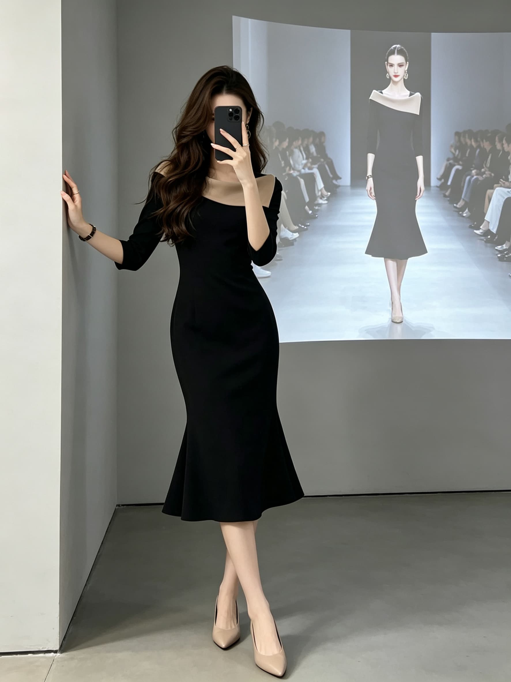 프랑스식 검정색 광장 칼라 배색 여성 드레스 2026 여름 새로운 허리 수축 슬림해 보이는 롱 코트 치마 상세 이미지 10