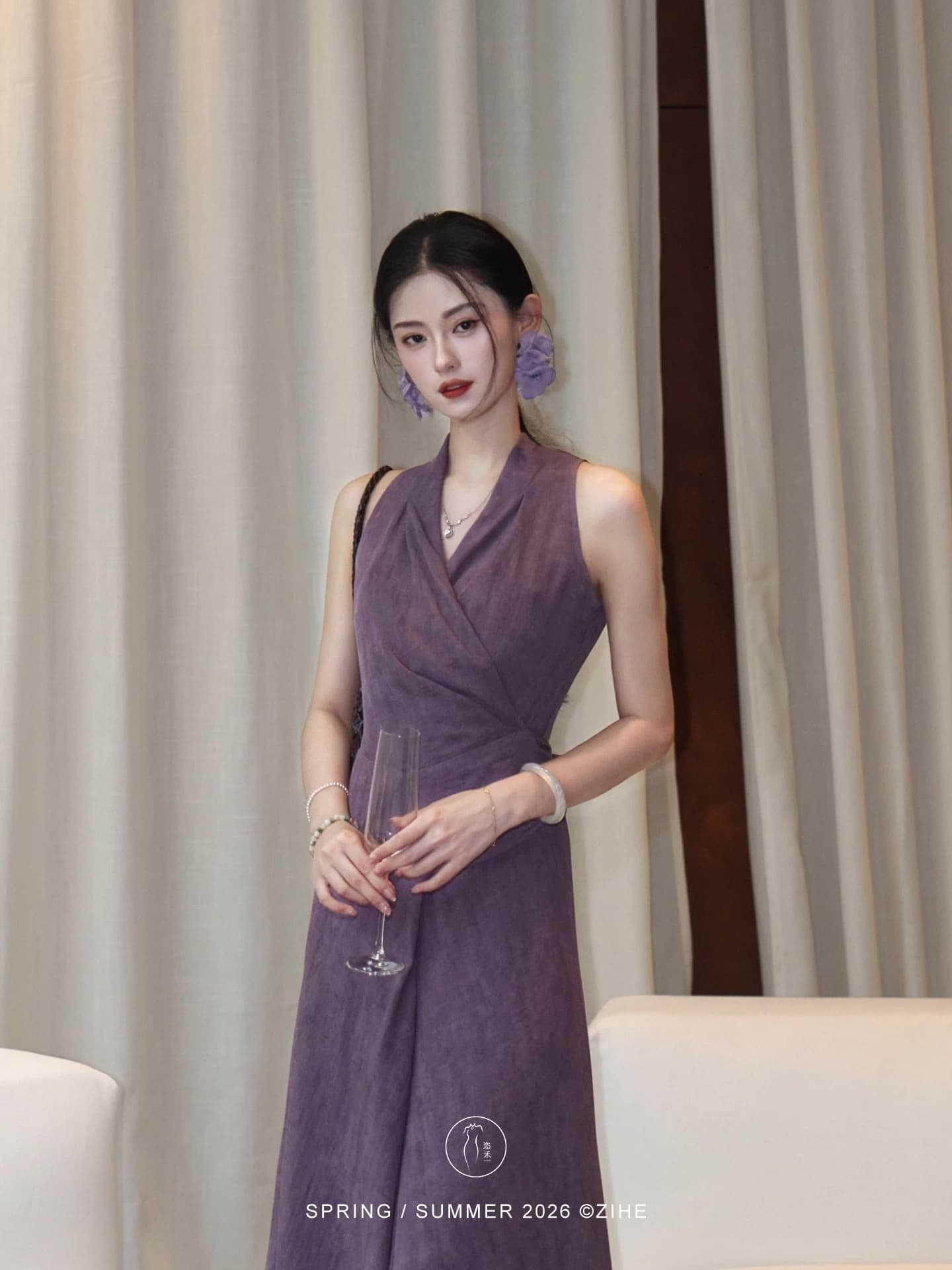 링 茜 거만한 와우 보라색 라임 프랑스식 보라색 행침 목 여성 드레스 봄 여름 레트로 민소매 레이스업 허리 수축 롱 스커트