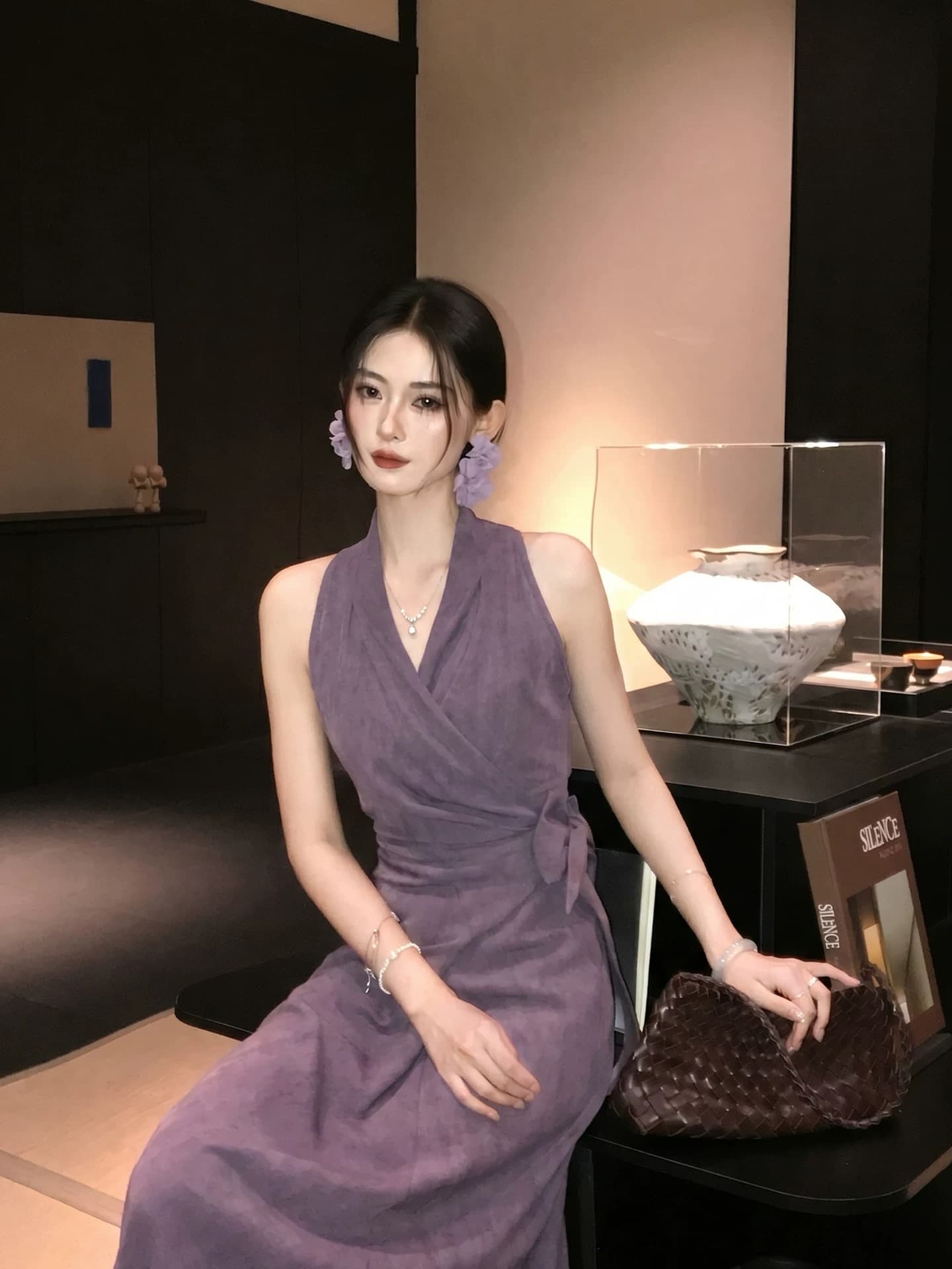 링 茜 거만한 와우 보라색 라임 프랑스식 보라색 행침 목 여성 드레스 봄 여름 레트로 민소매 레이스업 허리 수축 롱 스커트 상세 이미지 2