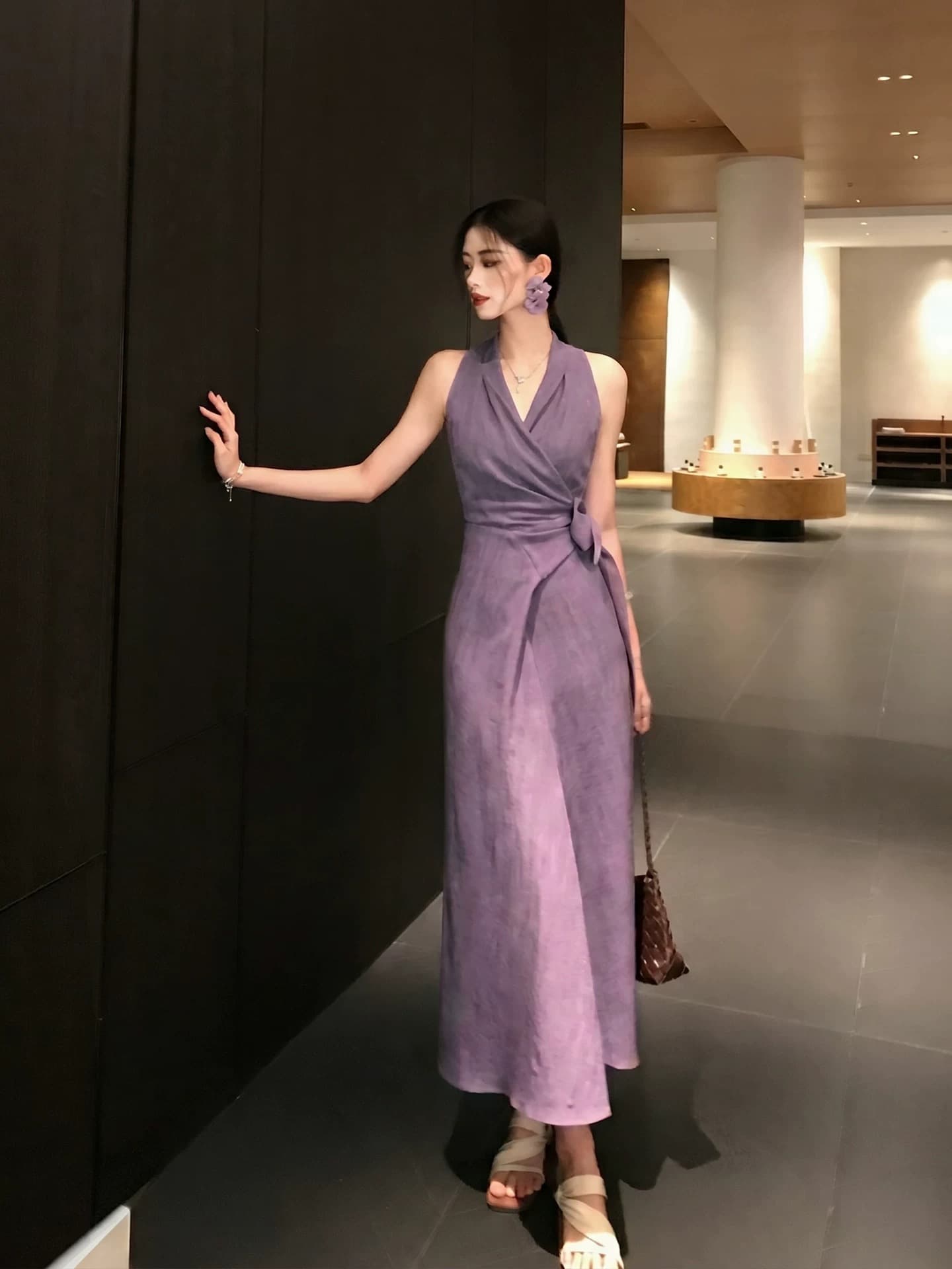 링 茜 거만한 와우 보라색 라임 프랑스식 보라색 행침 목 여성 드레스 봄 여름 레트로 민소매 레이스업 허리 수축 롱 스커트 상세 이미지 3