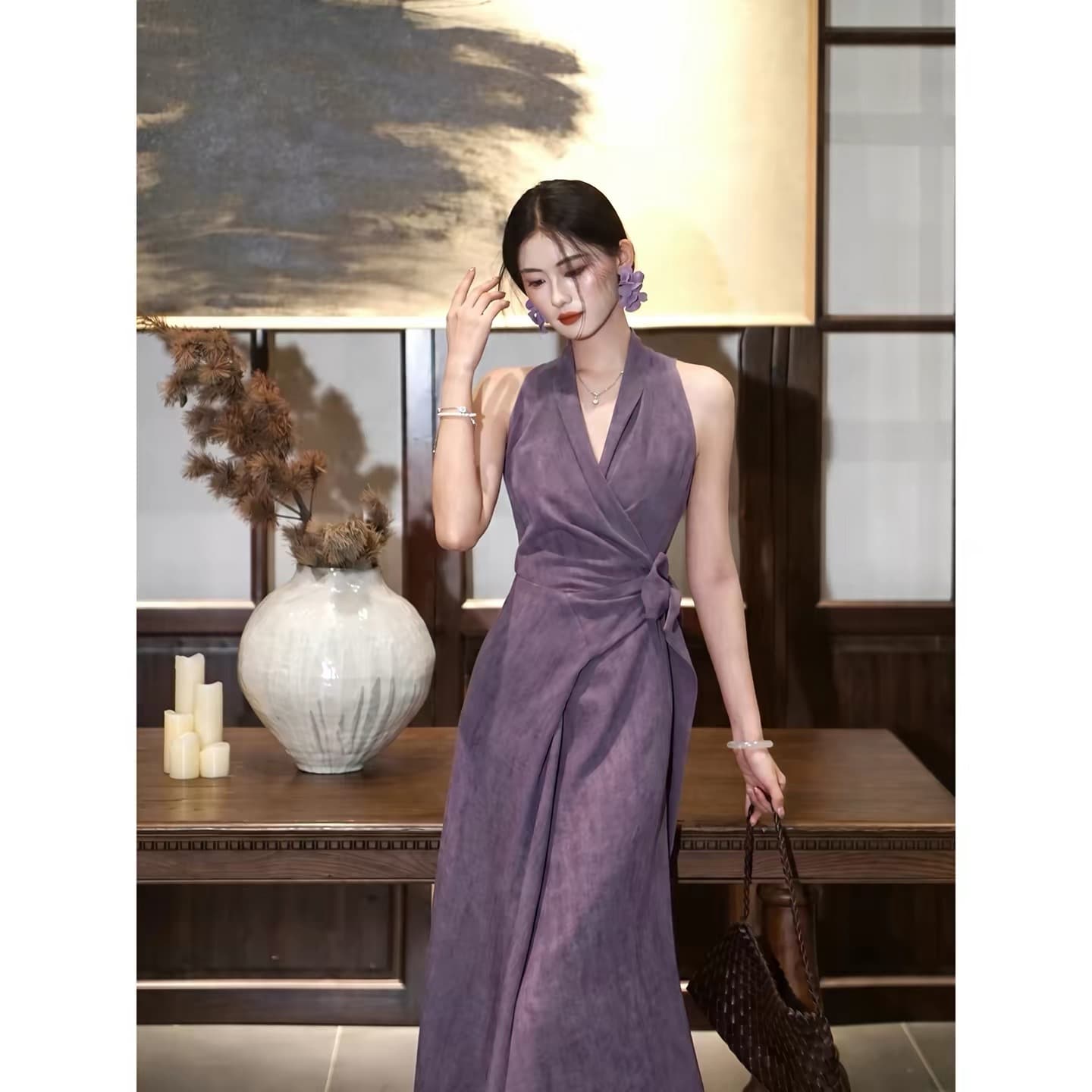 링 茜 거만한 와우 보라색 라임 프랑스식 보라색 행침 목 여성 드레스 봄 여름 레트로 민소매 레이스업 허리 수축 롱 스커트 상세 이미지 5