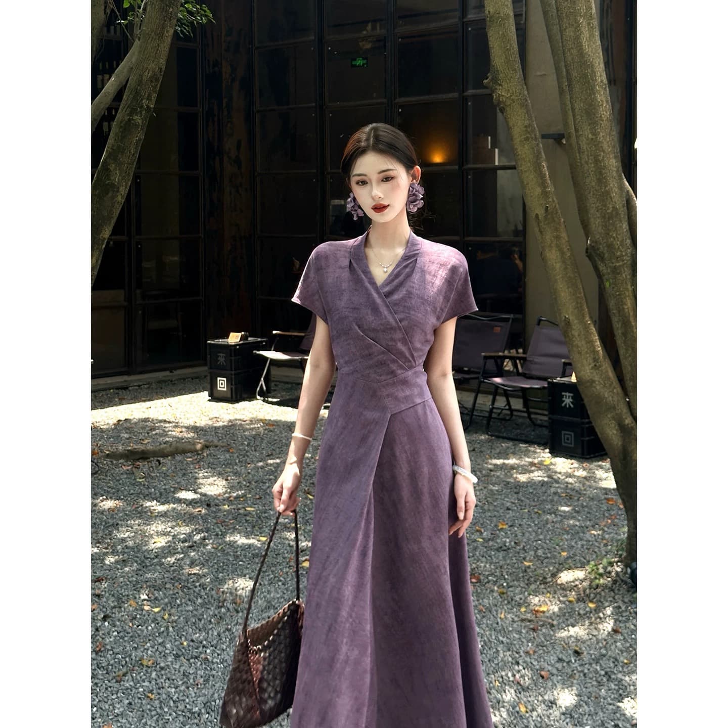 링 茜 거만한 와우 보라색 라임 프랑스식 보라색 행침 목 여성 드레스 봄 여름 레트로 민소매 레이스업 허리 수축 롱 스커트 상세 이미지 6