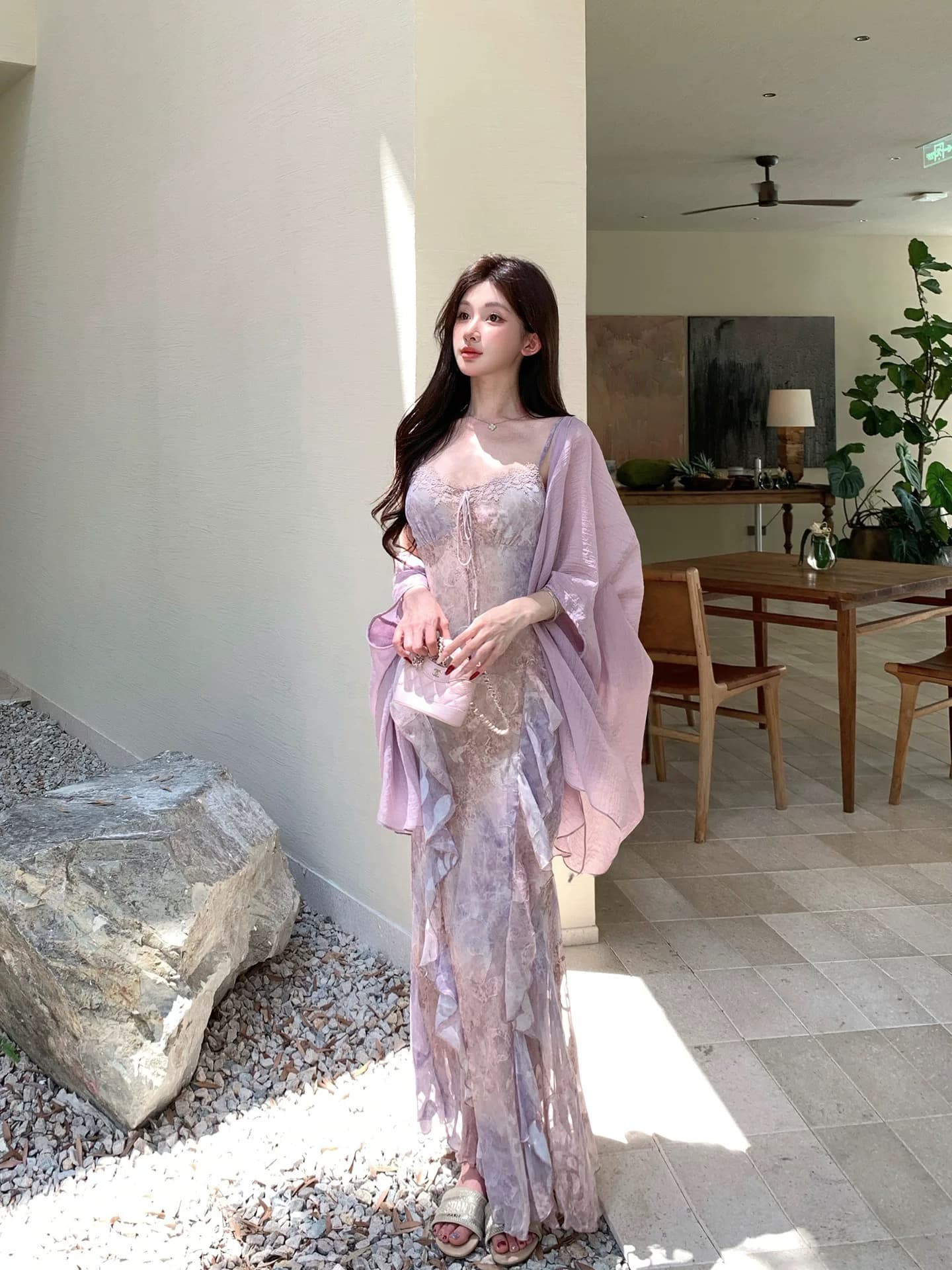 solo 폭발 폭발 暮 시간 꽃 차오 헤일로 염색 꽃무늬 여성 드레스 프랑스식 자수 패치워크 오프숄더 슬립 롱 스커트 상세 이미지 6
