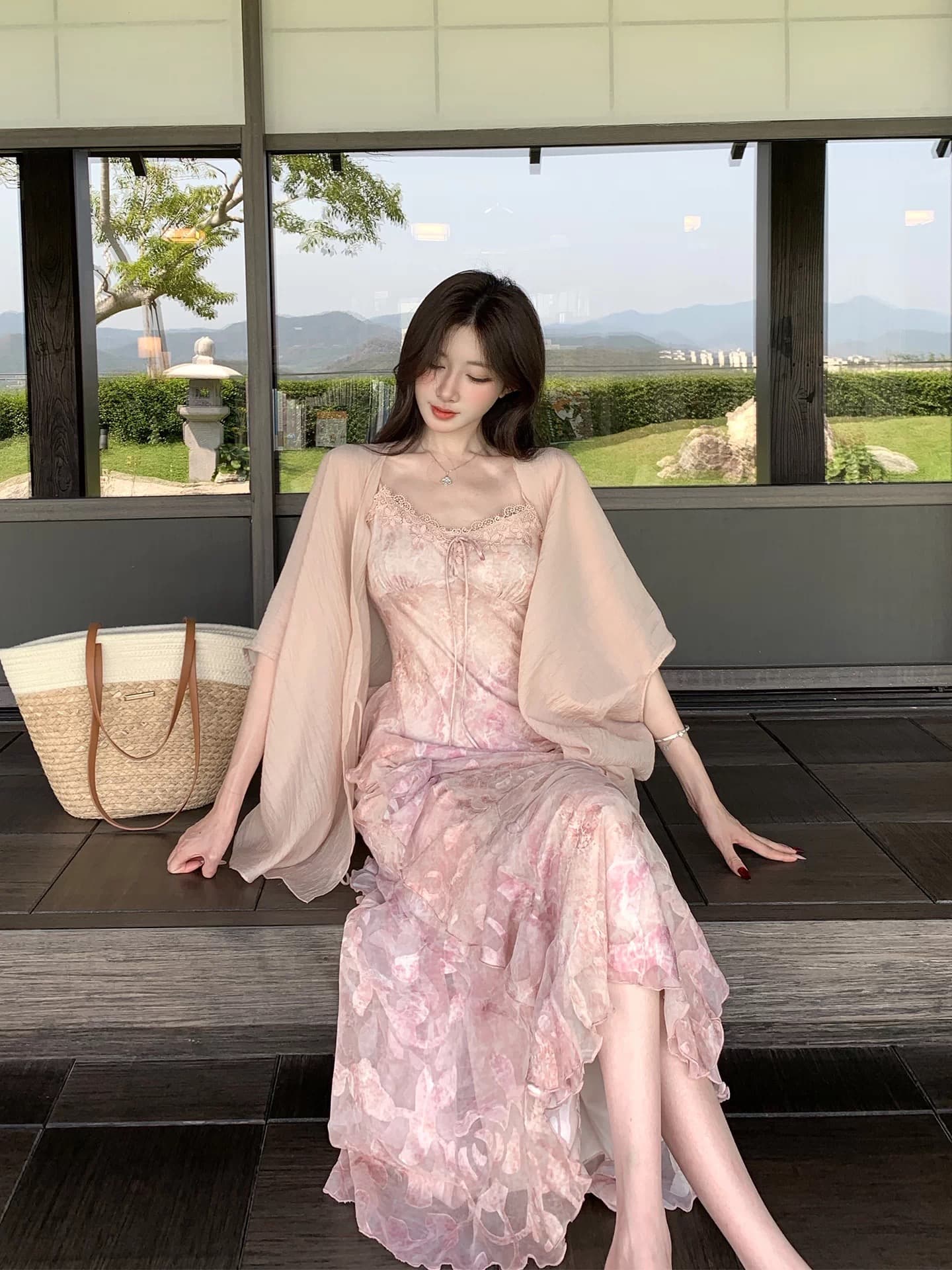 solo 폭발 폭발 暮 시간 꽃 차오 헤일로 염색 꽃무늬 여성 드레스 프랑스식 자수 패치워크 오프숄더 슬립 롱 스커트 상세 이미지 10