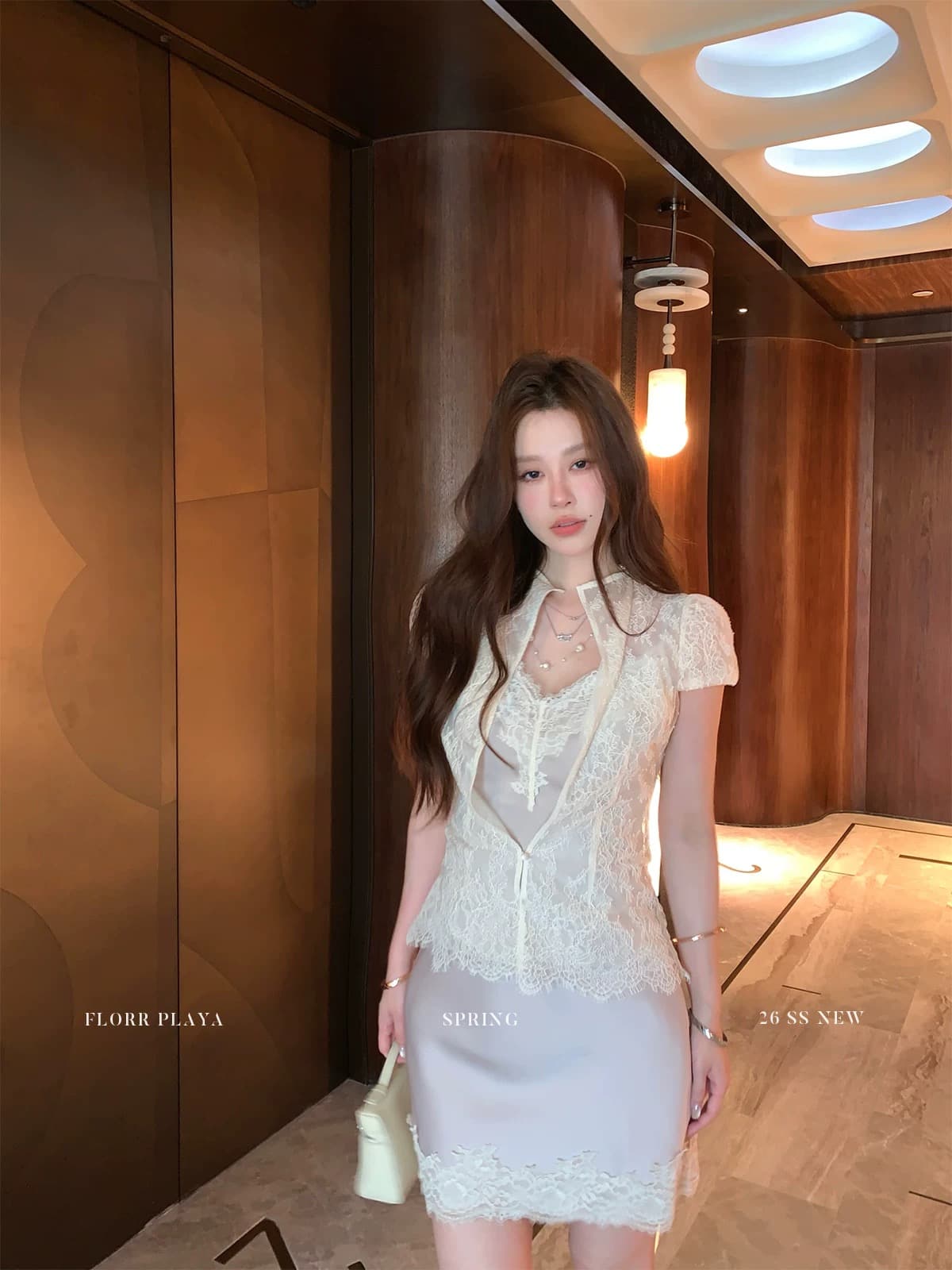 꽃 위안 흐릿한 달빛 프랑스식 화이트 품격 셔츠 새틴 슬립 짧은 반 스커트 여성 봄 여름 레이스 세트 이미지 2