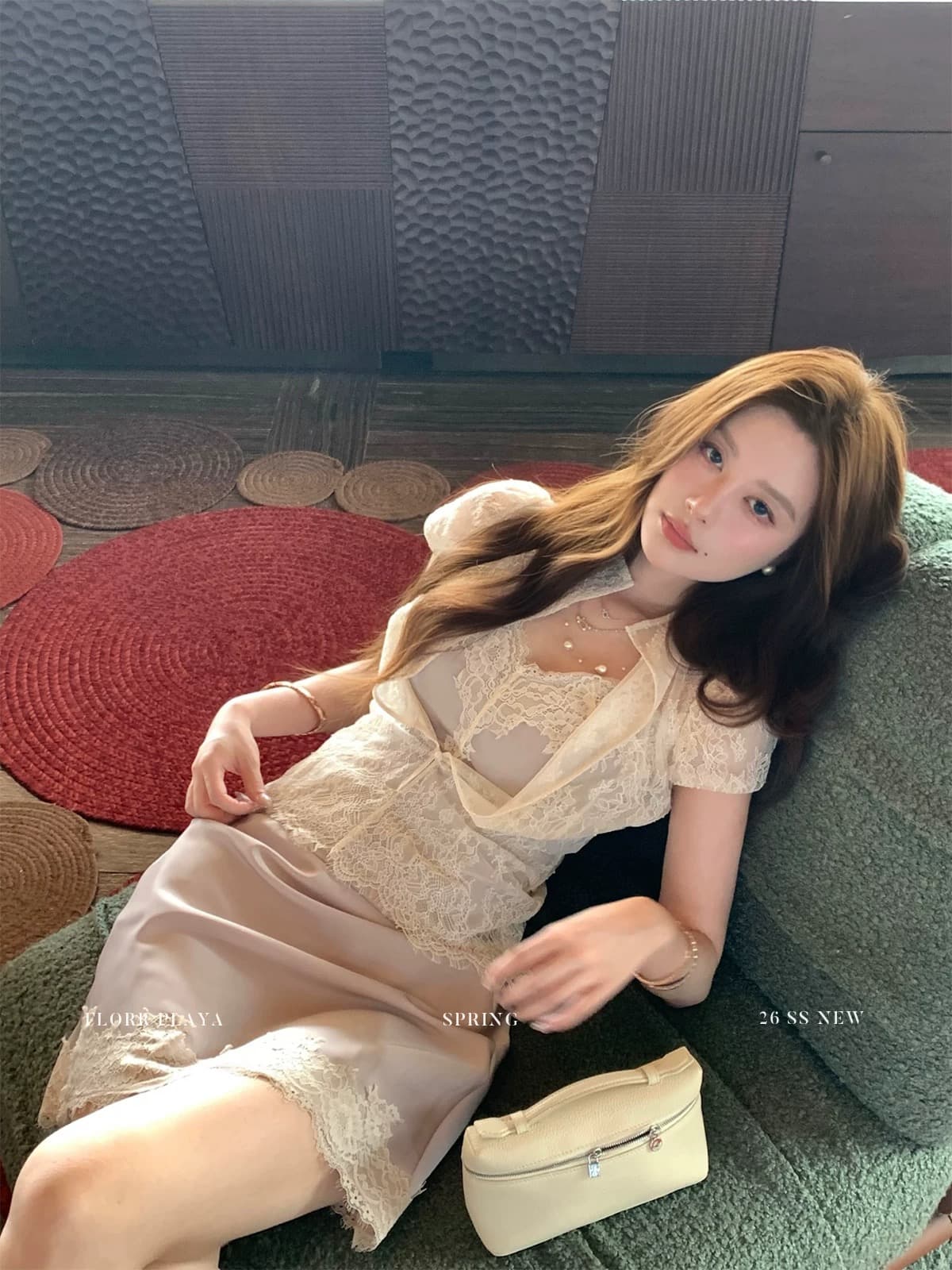 꽃 위안 흐릿한 달빛 프랑스식 화이트 품격 셔츠 새틴 슬립 짧은 반 스커트 여성 봄 여름 레이스 세트 이미지 3