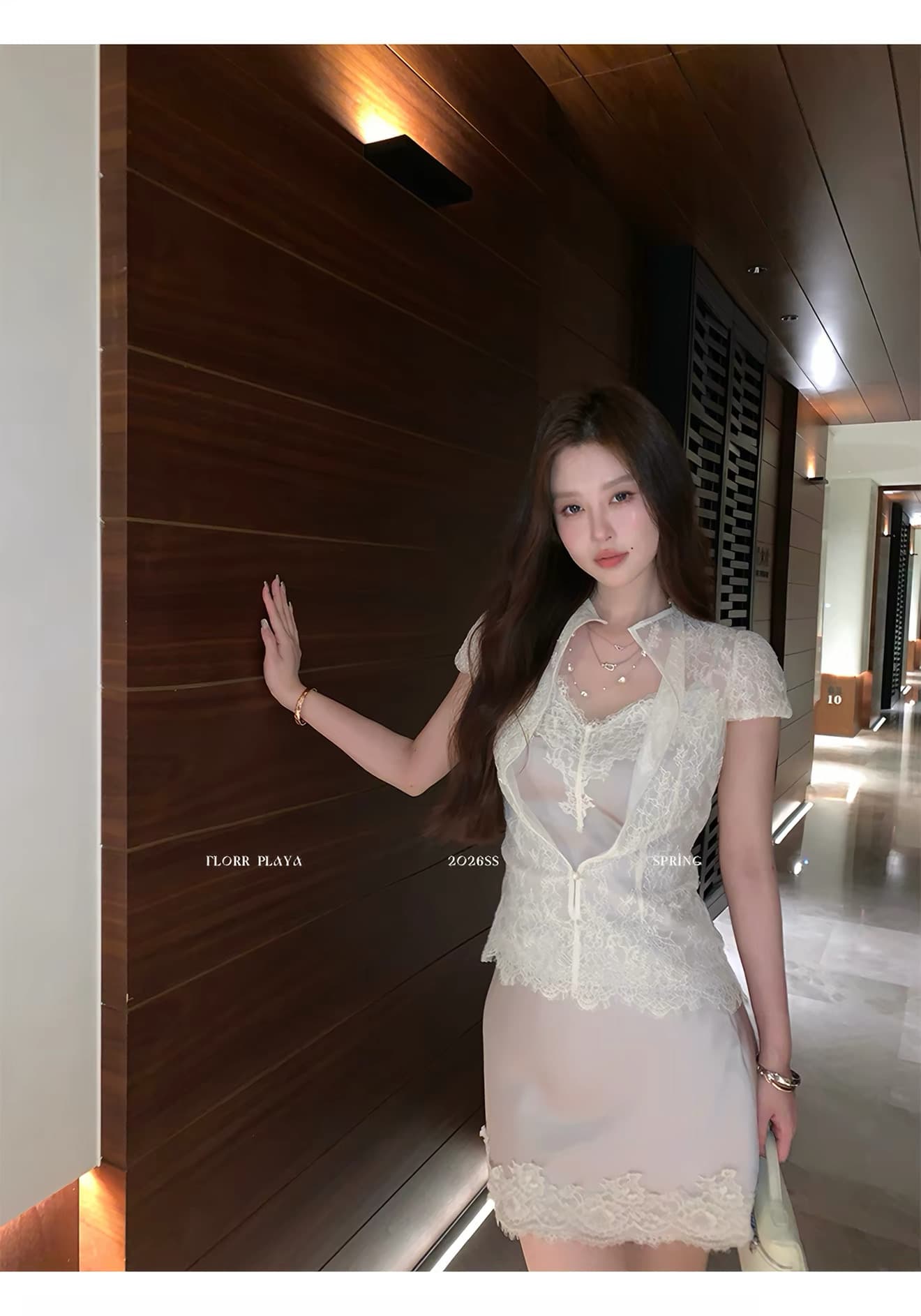 꽃 위안 흐릿한 달빛 프랑스식 화이트 품격 셔츠 새틴 슬립 짧은 반 스커트 여성 봄 여름 레이스 세트 상세 이미지 5