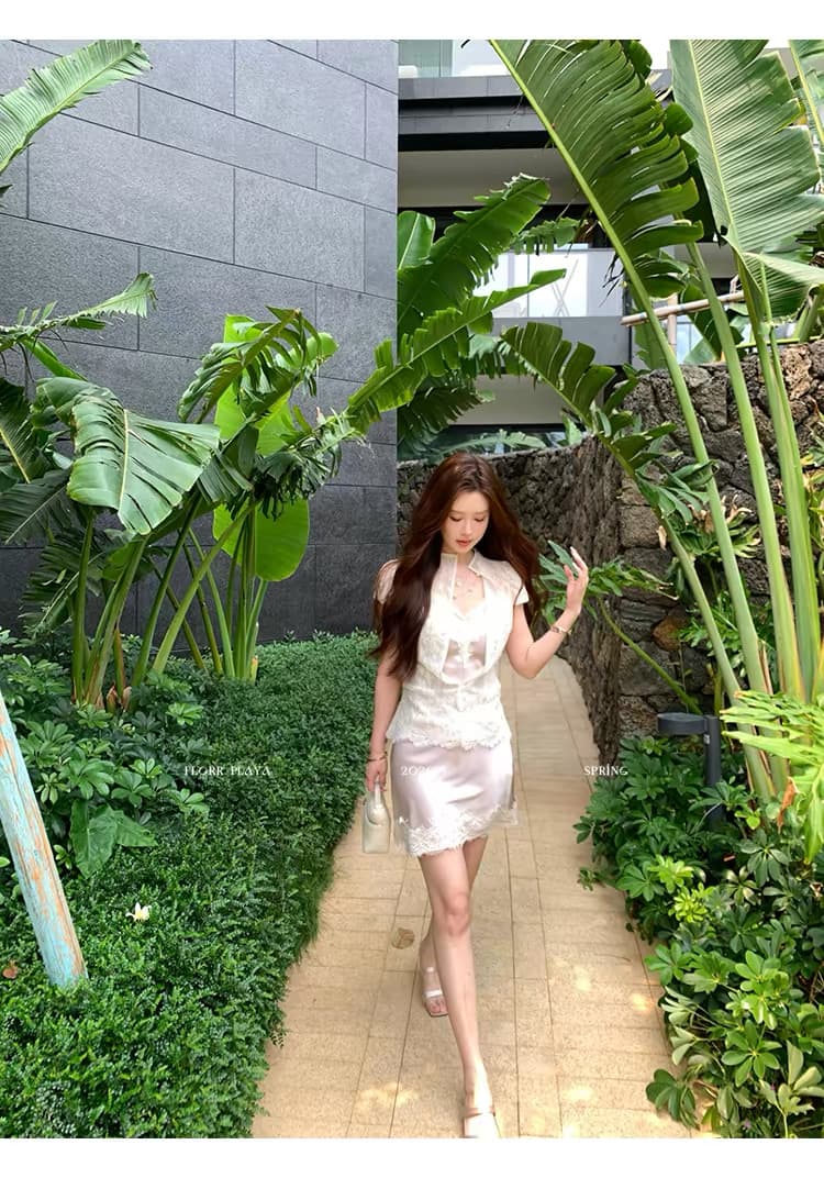 꽃 위안 흐릿한 달빛 프랑스식 화이트 품격 셔츠 새틴 슬립 짧은 반 스커트 여성 봄 여름 레이스 세트 상세 이미지 7