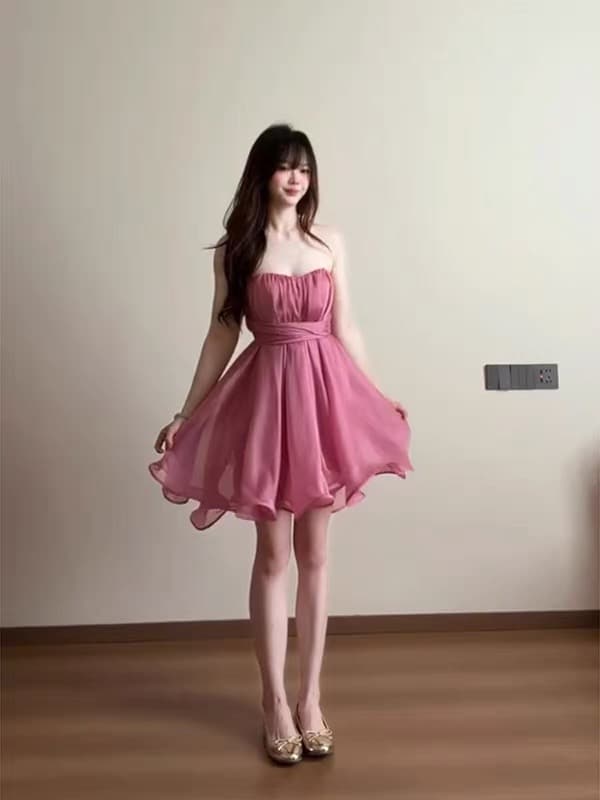 봄날 사역 강 하나 주 오족 라스베리 과일 실 그림자 순수한 욕망 바람 리본 튜브탑 미니 스커트 드레스