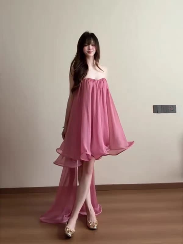 봄날 사역 강 하나 주 오족 라스베리 과일 실 그림자 순수한 욕망 바람 리본 튜브탑 미니 스커트 드레스 이미지 4