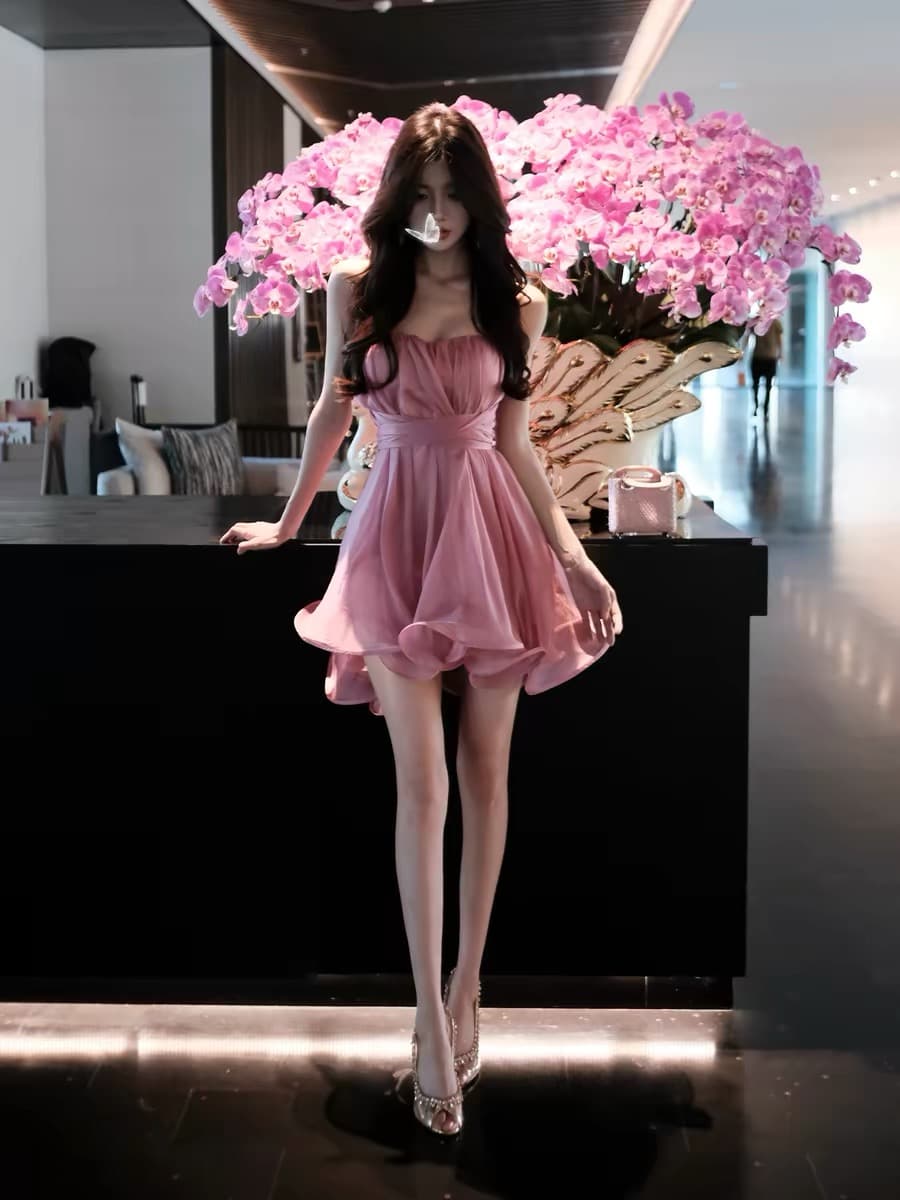 봄날 사역 강 하나 주 오족 라스베리 과일 실 그림자 순수한 욕망 바람 리본 튜브탑 미니 스커트 드레스 상세 이미지 2