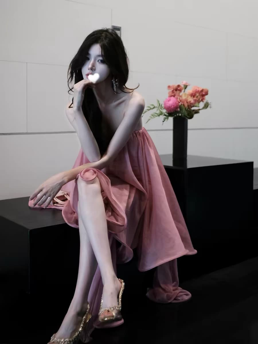 봄날 사역 강 하나 주 오족 라스베리 과일 실 그림자 순수한 욕망 바람 리본 튜브탑 미니 스커트 드레스 상세 이미지 3