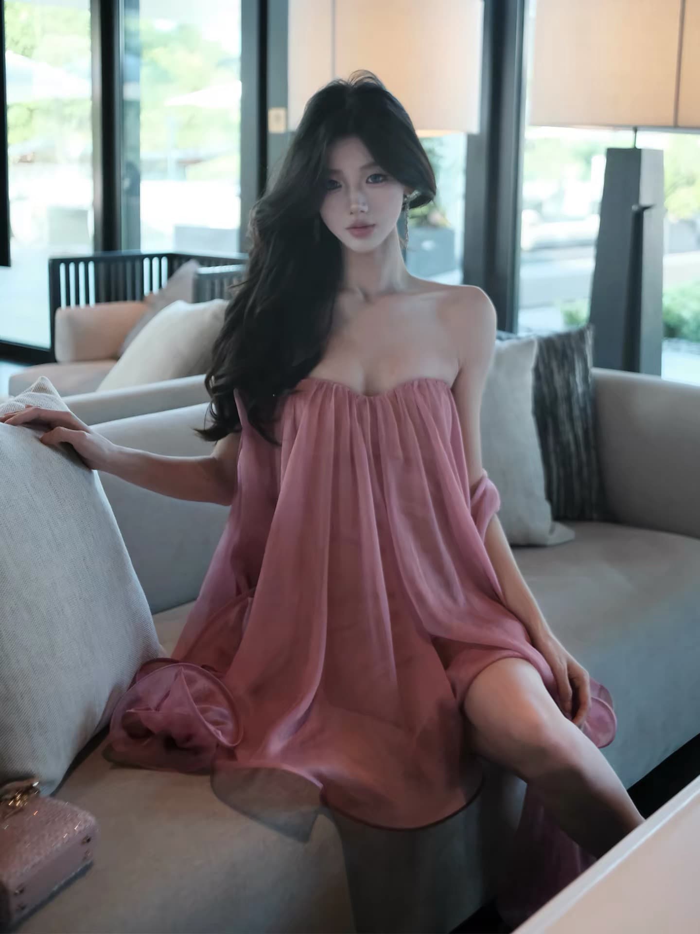 봄날 사역 강 하나 주 오족 라스베리 과일 실 그림자 순수한 욕망 바람 리본 튜브탑 미니 스커트 드레스 상세 이미지 4