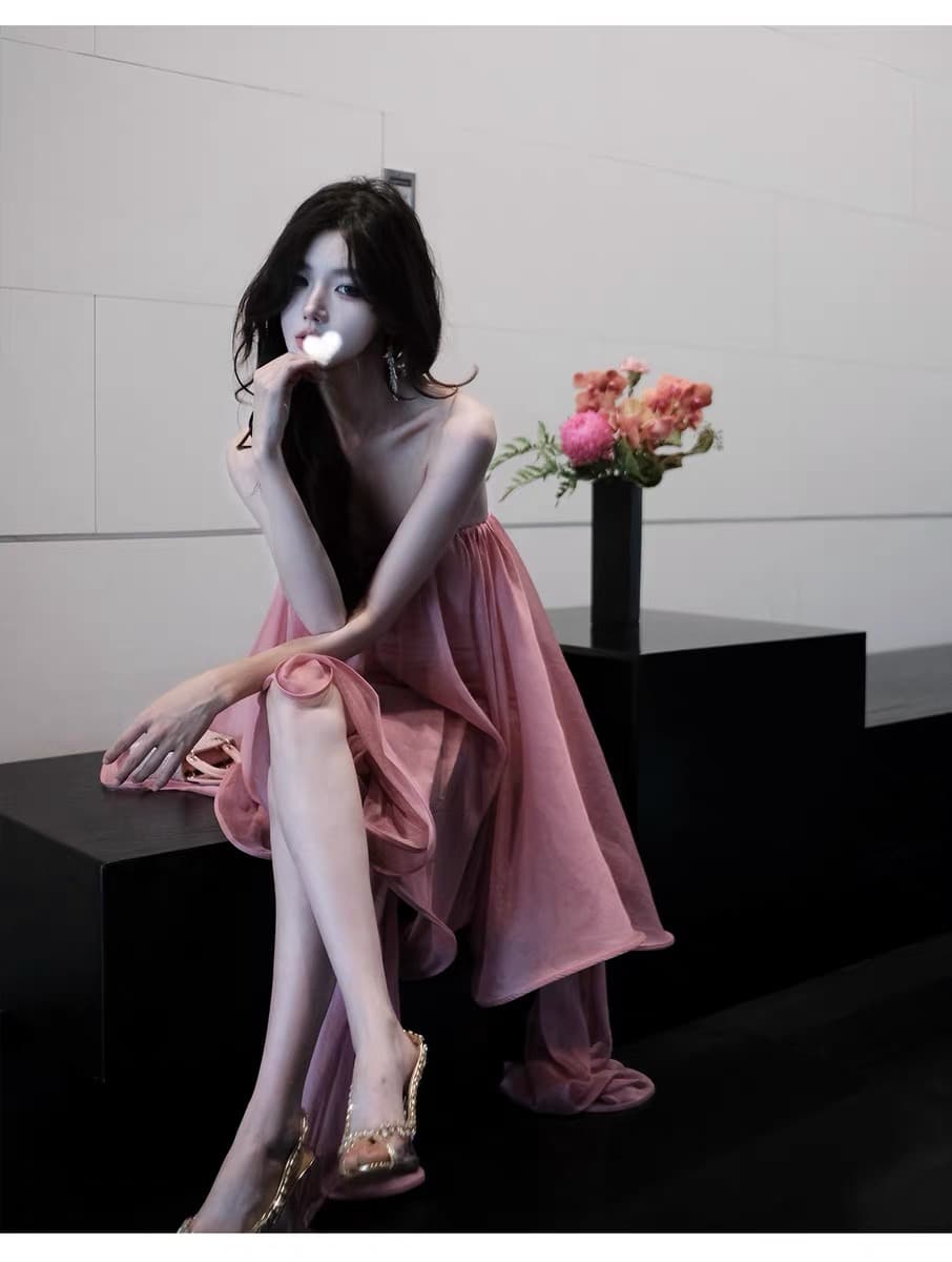 봄날 사역 강 하나 주 오족 라스베리 과일 실 그림자 순수한 욕망 바람 리본 튜브탑 미니 스커트 드레스 상세 이미지 5