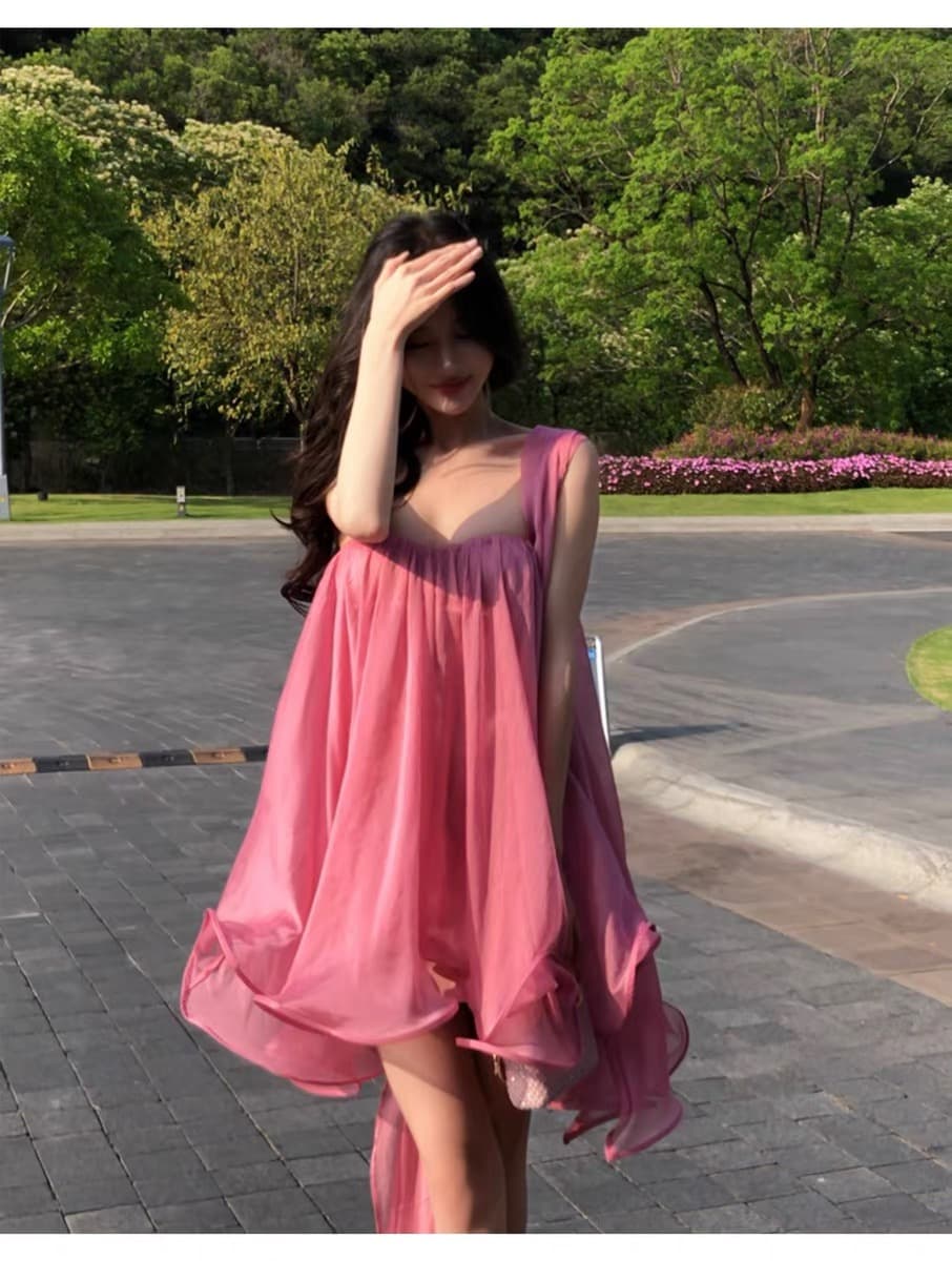 봄날 사역 강 하나 주 오족 라스베리 과일 실 그림자 순수한 욕망 바람 리본 튜브탑 미니 스커트 드레스 상세 이미지 6