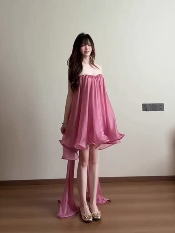 봄날 사역 강 하나 주 오족 라스베리 과일 실 그림자 순수한 욕망 바람 리본 튜브탑 미니 스커트 드레스 상세 이미지 7