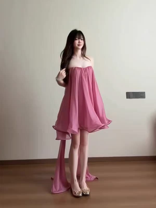 봄날 사역 강 하나 주 오족 라스베리 과일 실 그림자 순수한 욕망 바람 리본 튜브탑 미니 스커트 드레스 상세 이미지 8
